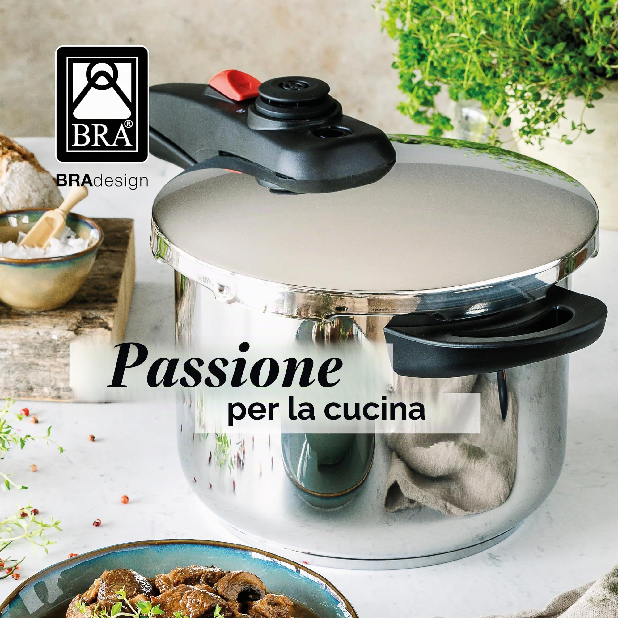 BRA Allure | Pentola a pressione Rapida di 9 Litri, Realizzata in Acciaio inossidabile 18/10, Con 2 Programmi di cottura e Sistema di blocco dell'apertura, Adatta a tutti i tipi di piani cottura