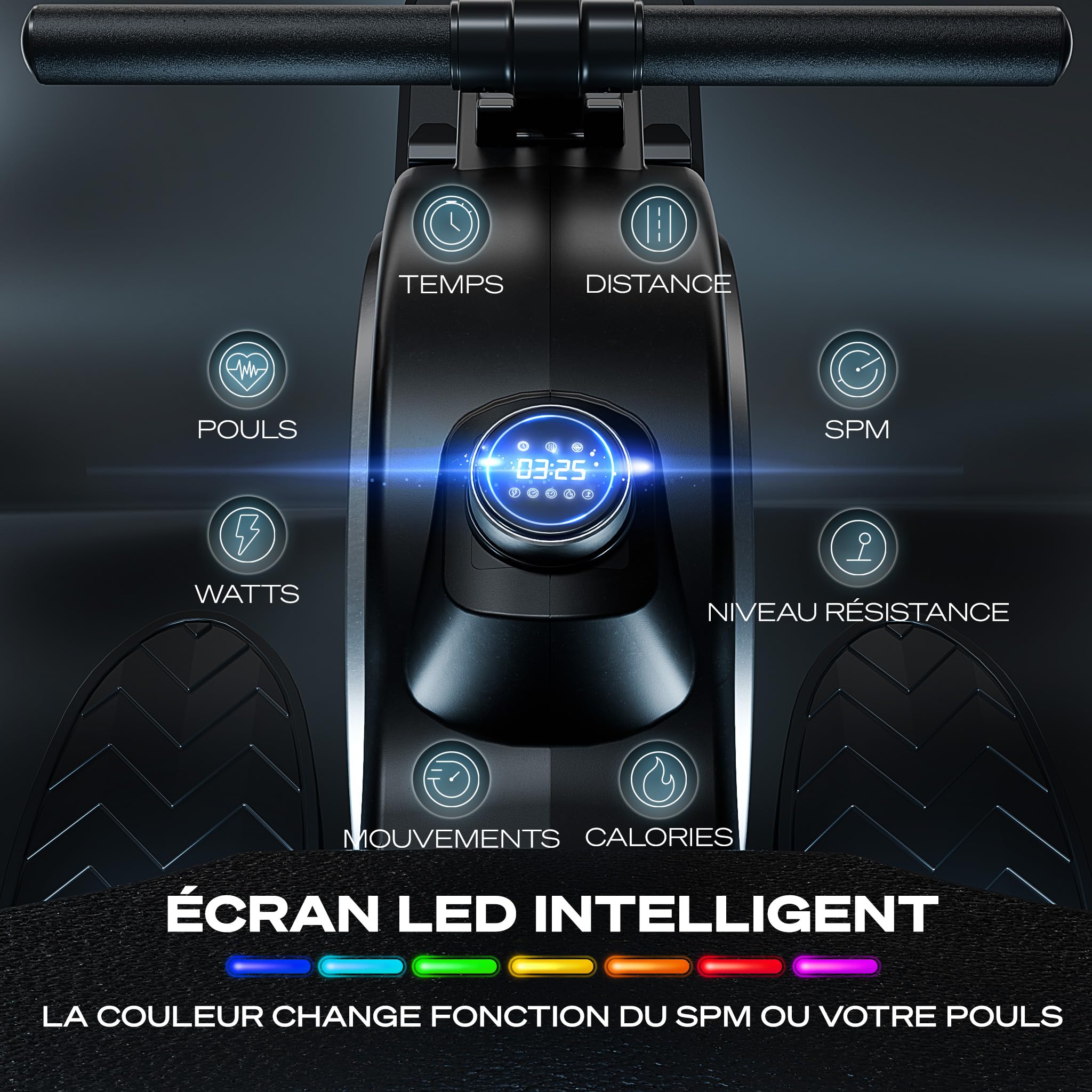 Sportstech PROwer Rameur d’Appartement – 32 Niveaux, Résistance Magnétique, Écran LED, Silencieux, Rail Double, Bluetooth, Support Tablette, Rangement Vertical, Entraînement Complet