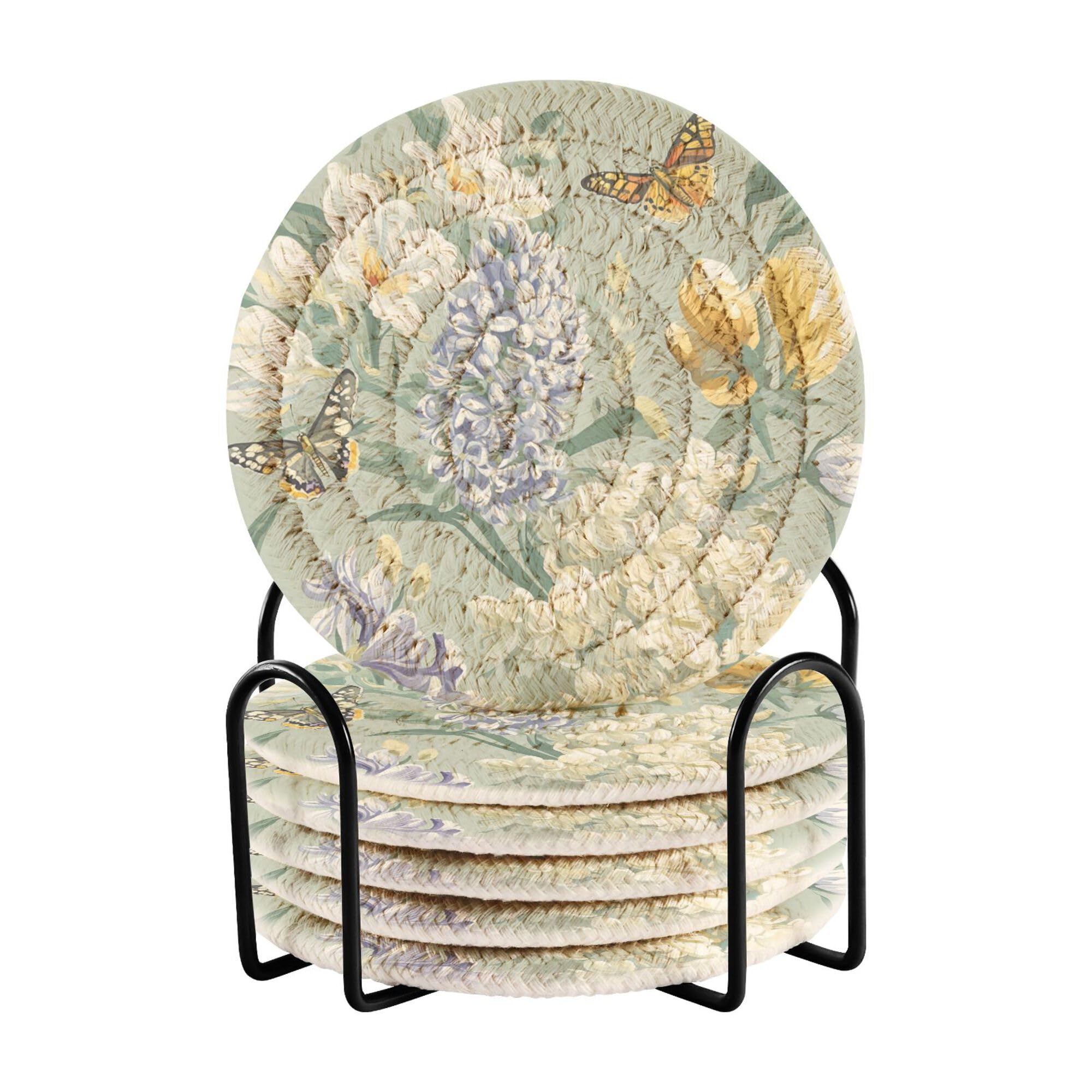 Flowers Hyacinths Peonies Butterflies Sage Green Cotton Rope Coasters Absorbent with Holder Set of 6 Home Coasters Table