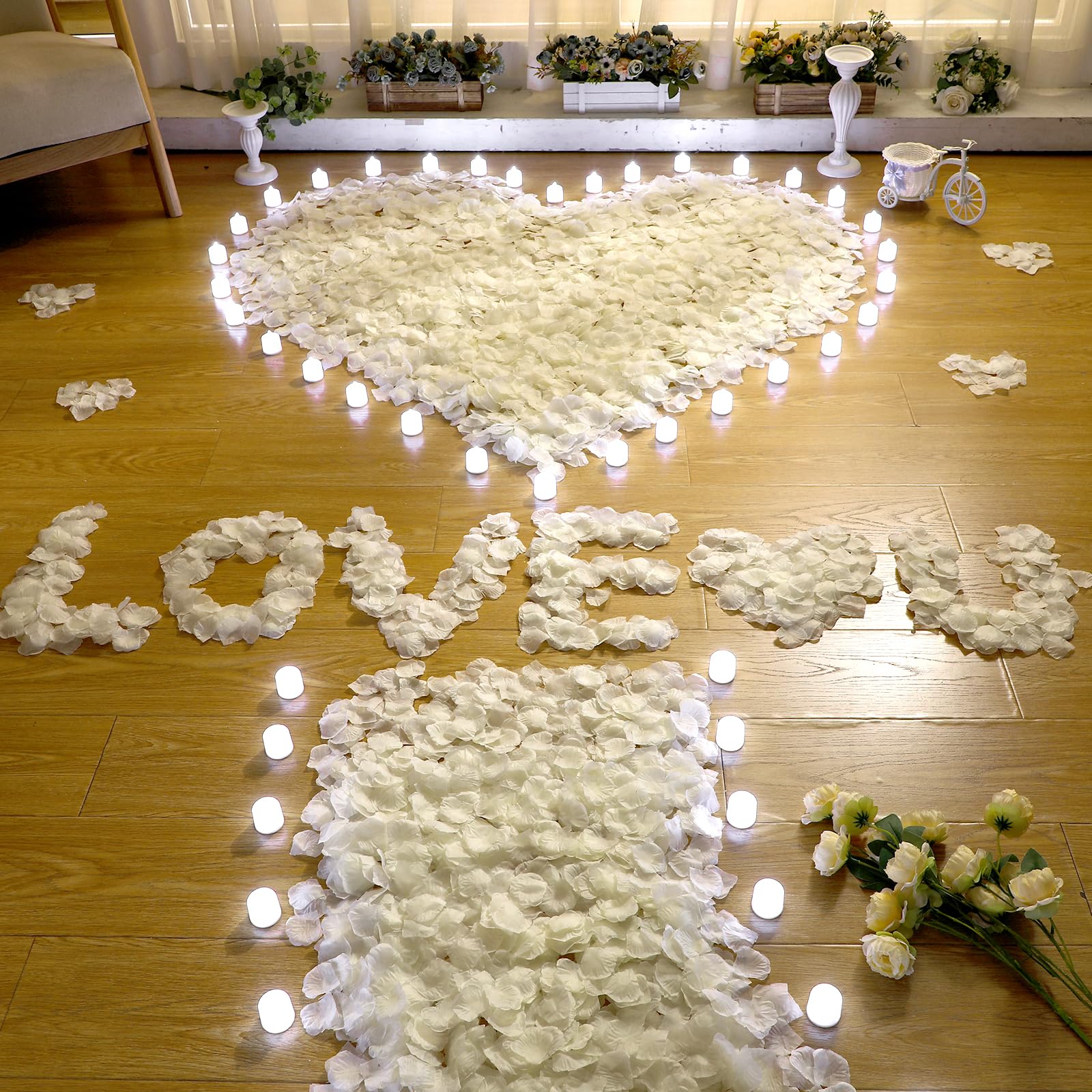 Coume 6000 petali di rosa artificiali con 72 candele a LED senza fiamma, decorazioni romantiche, candele finte per anniversario, decorazioni per la notte di nozze (bianco)