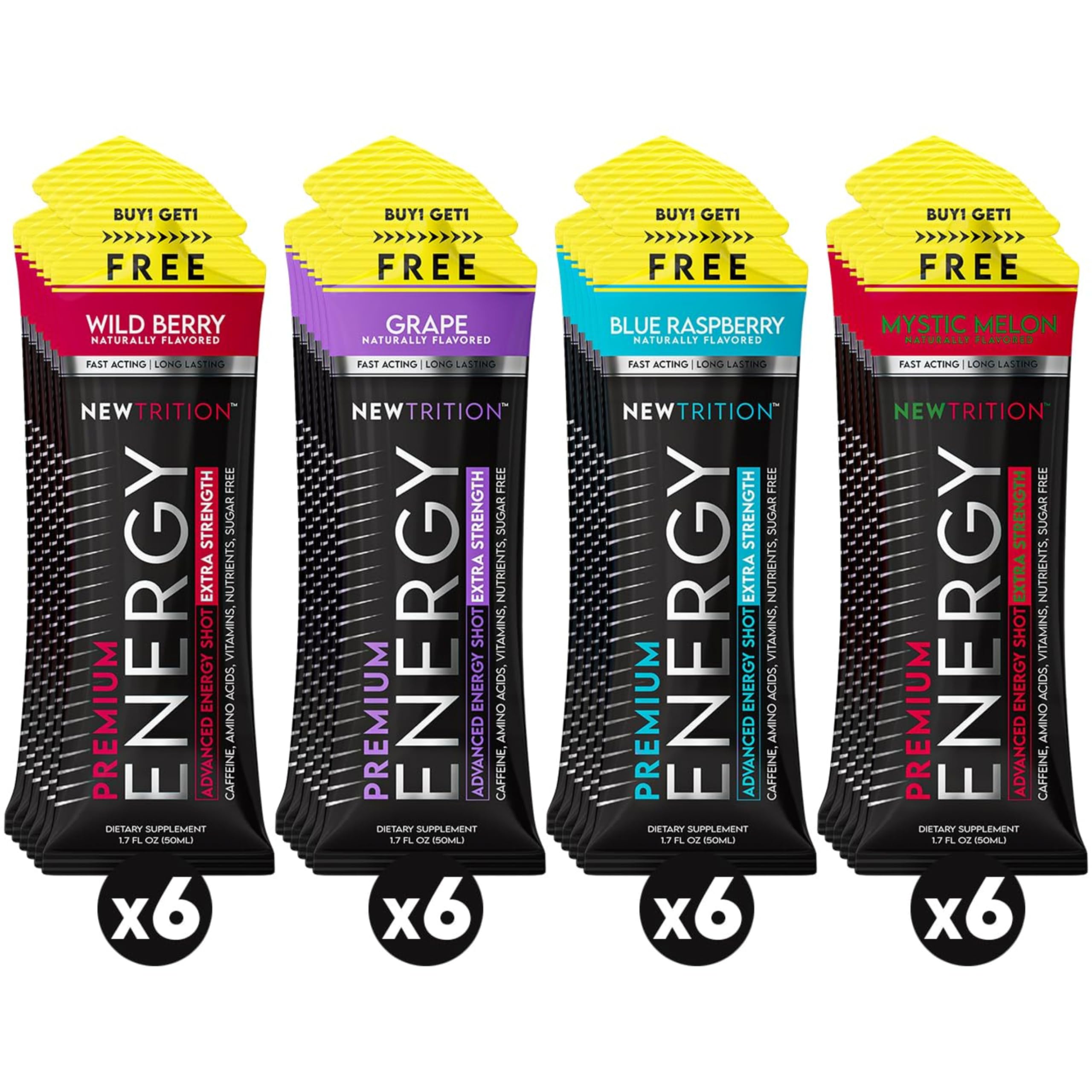 NewTrition® Extra Strength Energy Shots, 250mg Caffeine Energy Shots with Vitamin B & Amino Acids, Sugar-Free Vitamin Energy Shot, 1.7 fl oz (Pack of 24, 4 Flavors - Mixed 1)