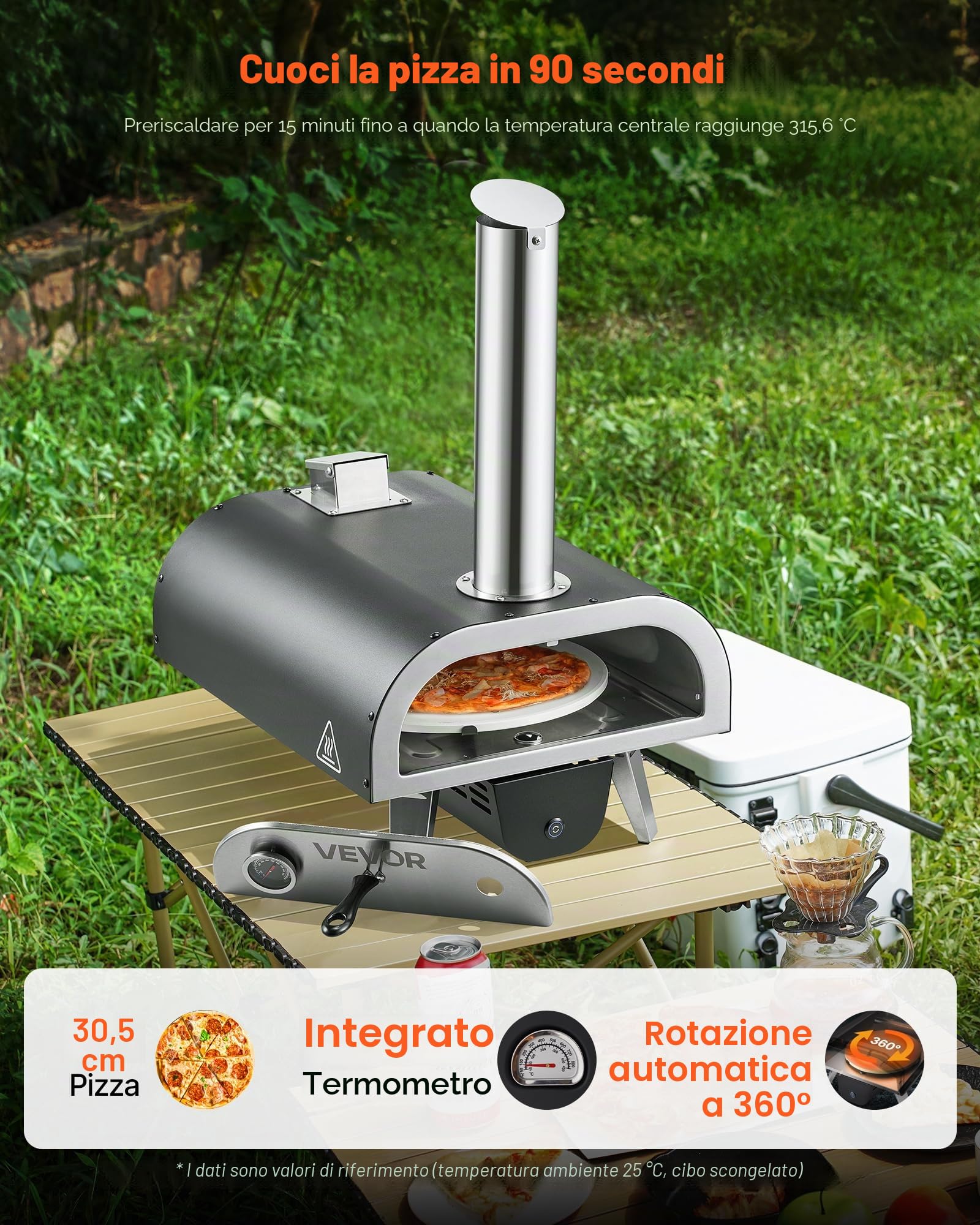 VEVOR Forno per Pizza da Eterno 304,8 mm, Forno a Legna a Pellet con Termometro e Rotazione Elettrica, Macchina per Pizza Portatile per Campeggio, Pietra, Borsa per il Trasporto, Pala