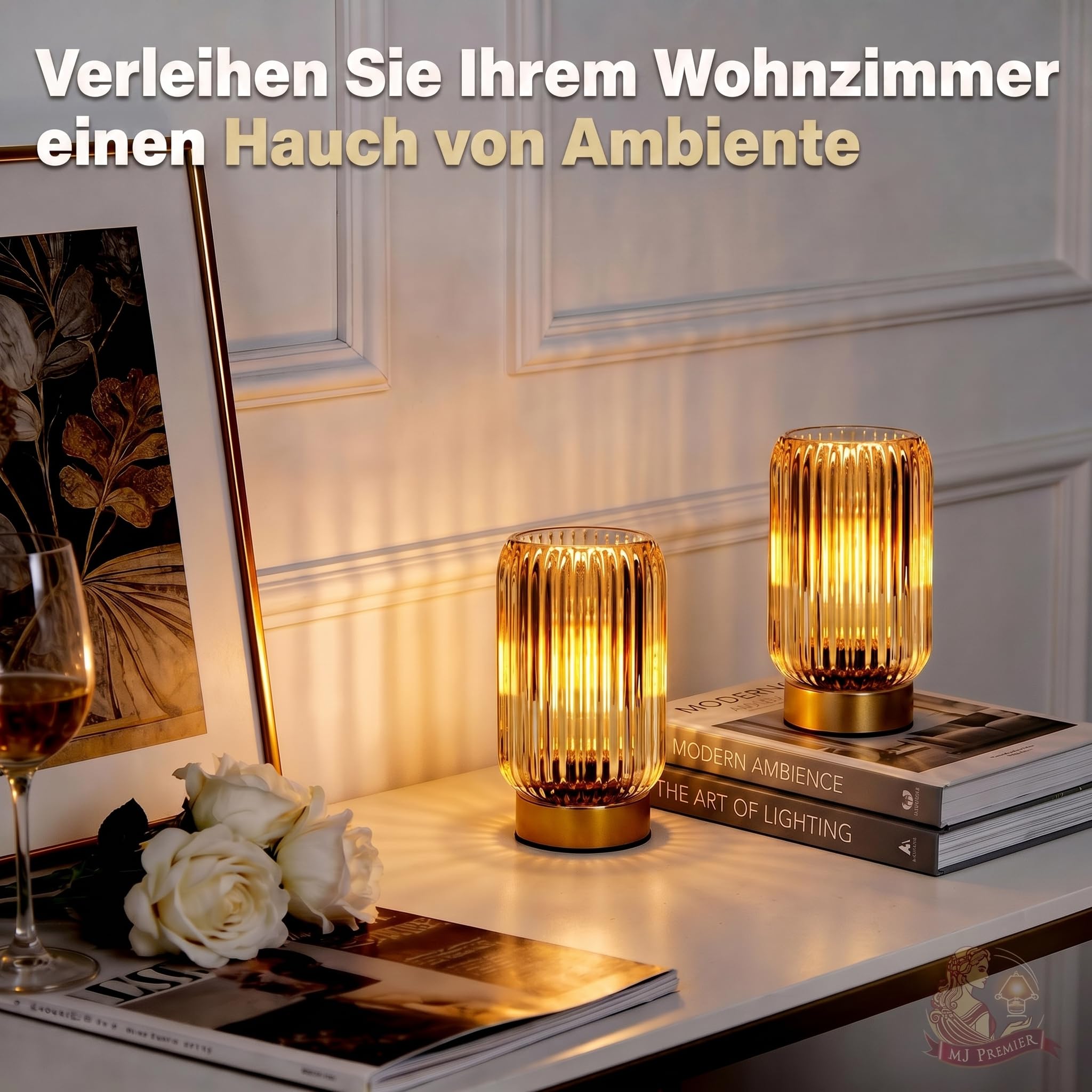 MJ PREMIER 2er-Set Tischlampe Kabellose, Batteriebetriebene Nachttischlampe mit 6H Timer, gelber geriffelter Glasschirm, Vintage Dekoleuchte ohne Stromkabel, kleine Tischleuchte für Innenräume