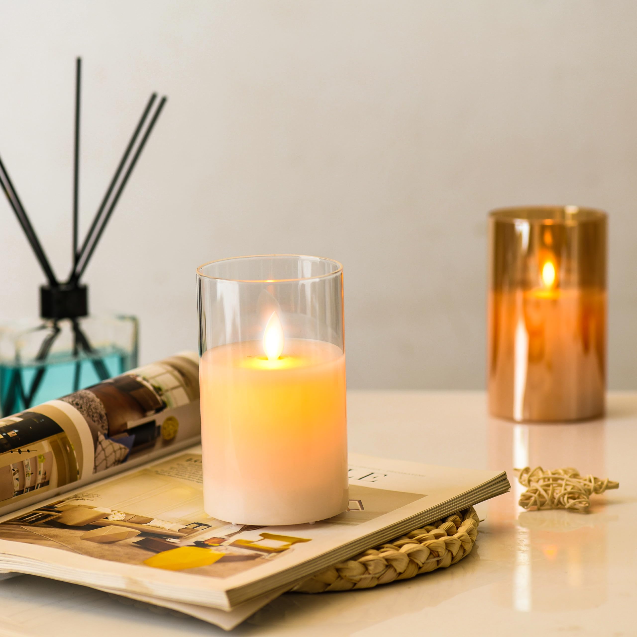 FiiMoo - Velas LED recargables, lote de 2, mando a distancia, vela USB, vacilante, decorativas para fiestas, cumpleaños, boda, 12,5 cm, cristal blanco