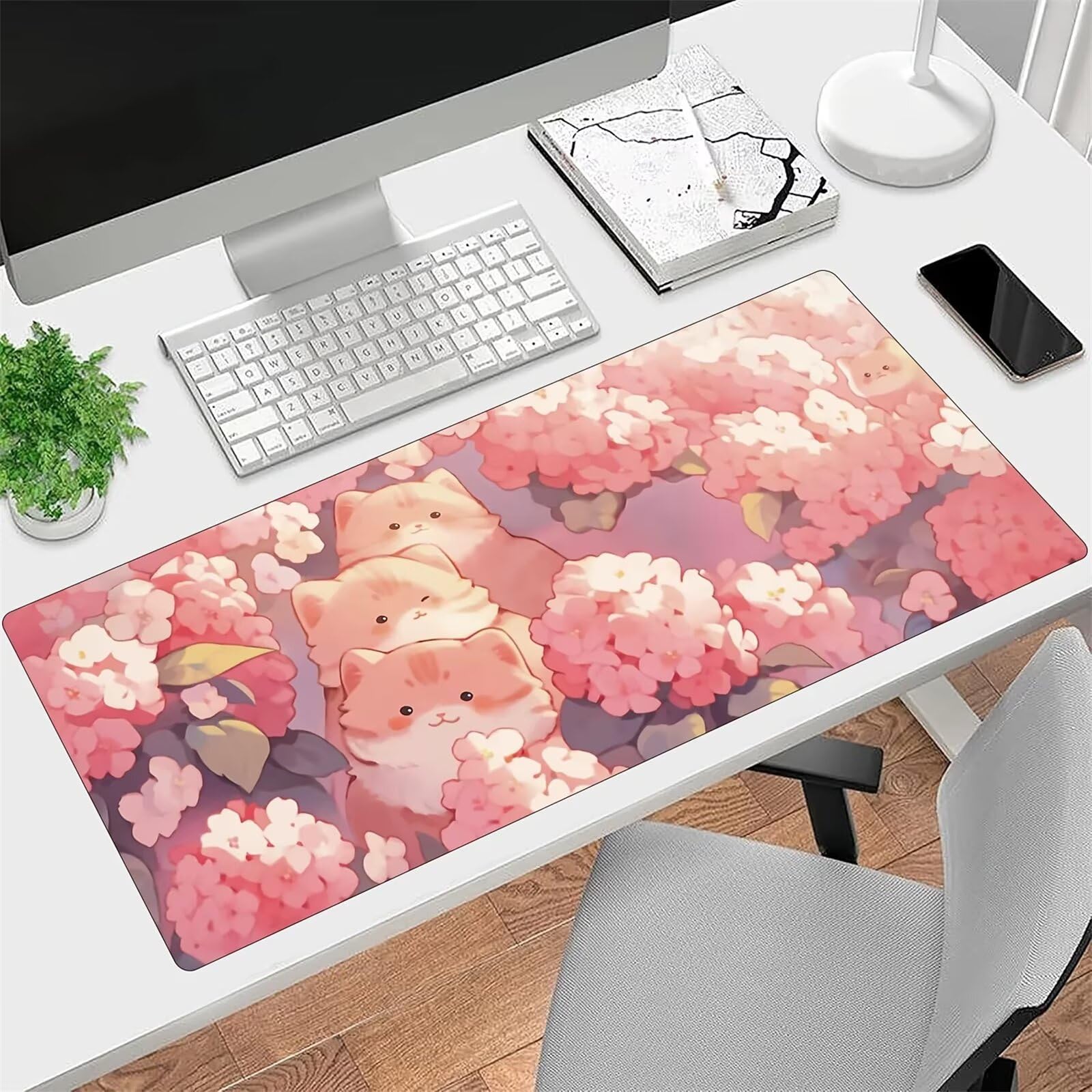 Grand Tapis de Souris de Jeu 1000 x 500 x 2mm, Tapis de Souris XXL Chat Fleur Rose, Optimisé pour Capteur, Haute Précision et Vitesse avec Bords Cousus pour Bureau et Gaming