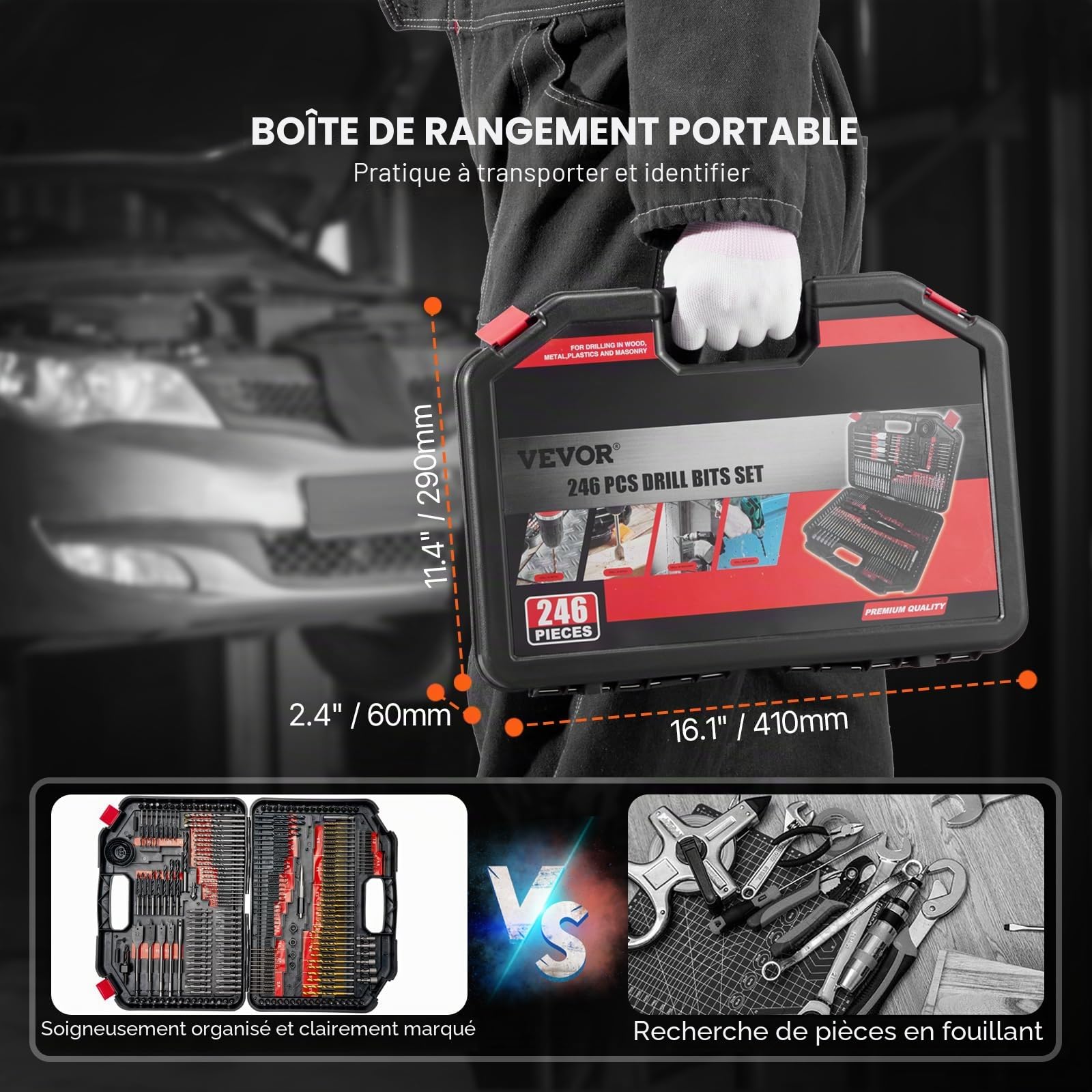 VEVOR Ensemble de Forets et Embouts pour Perceuse Tournevis 246PCs, Coffret de Mèches et Embouts de Tournevis, Kit de Perçage et de Vissage du Bois, du Métal, avec Étui de Transport, Bricolage