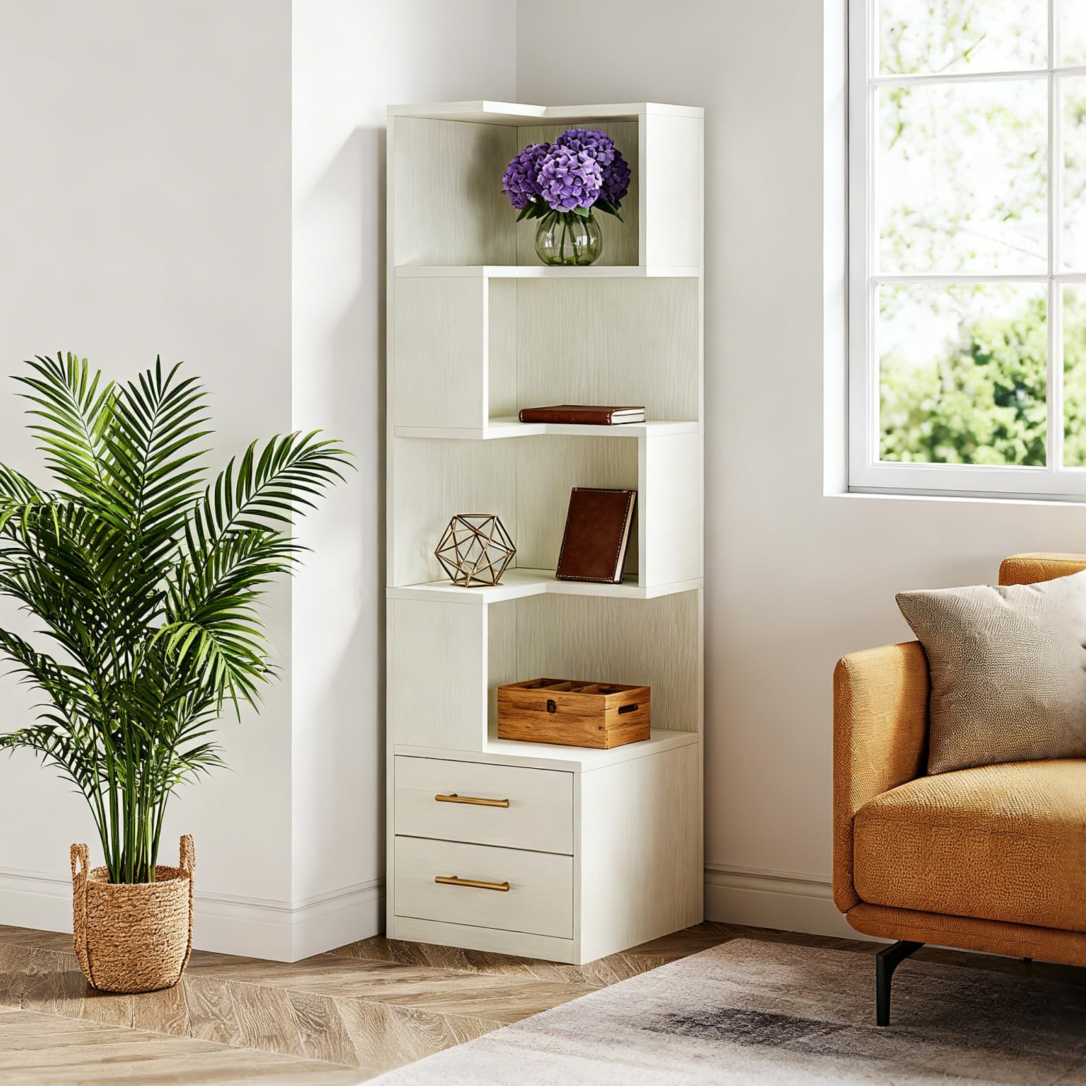 LITTLE TREE 5-Tier Corner Bookshelf with 2 Drawers, 66.9-Inch Tall Corner Shelf Stand, Modern Corner Storage Cabinet Display Rack Shelf for Living Room, Home Office, Bedroom, White