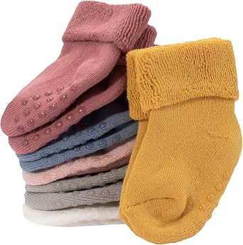 Ehdching 6 Pack Toddler Baby Girls Warm Thick Grips Socks Infant 0-3T Cotton Non Slip Turn Cuff Slipper Socks