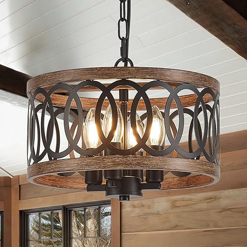 Miniatura 18 de Lámpara colgante de tambor de granja de 4 luces, 12.6 pulgadas, textura de madera natural, candelabros rústicos vintage, lámparas colgantes 12.6in-4