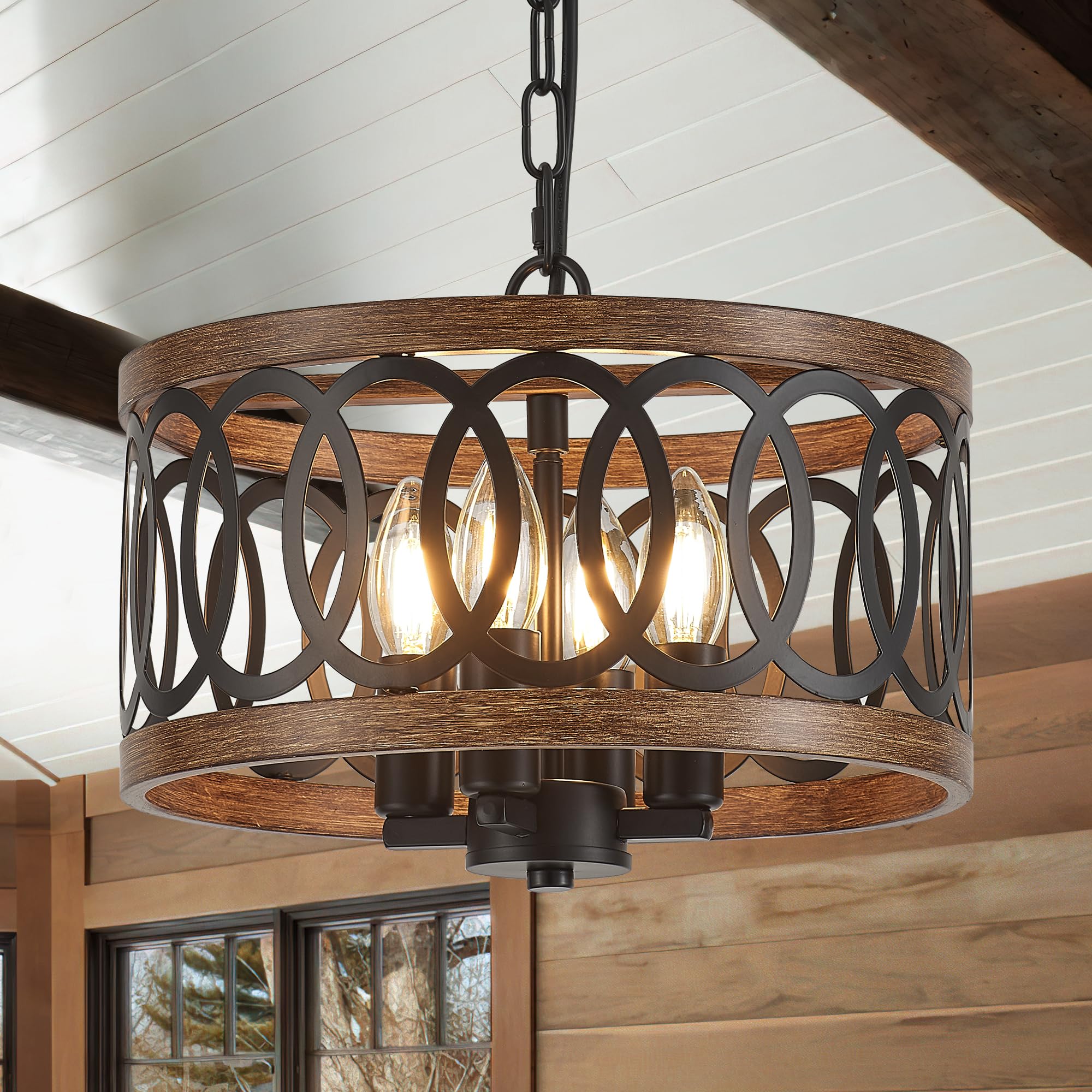 4-Light Farmhouse Drum Pendant Light,12.56'' Nature Wood Texture Vintage Rustic Chandeliers Black Metal Industrial Hanging Light Fixtures for Entryway