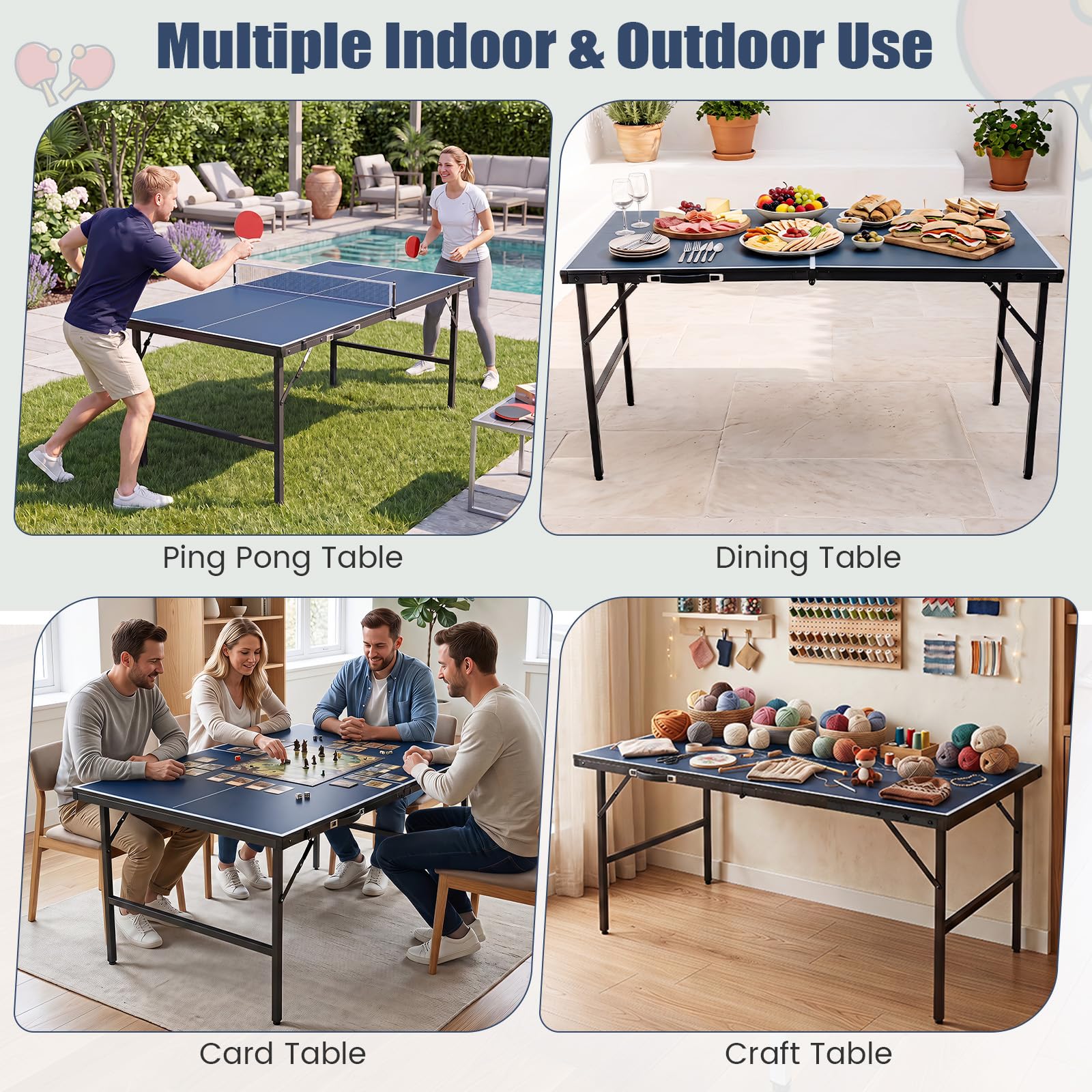 COSTWAY Mini stół do tenisa stołowego, składany, odporny na warunki atmosferyczne, stół do ping ponga z siatką, 2 rakietki i piłki, wstępnie zmontowany stół rekreacyjny do użytku wewnątrz i na