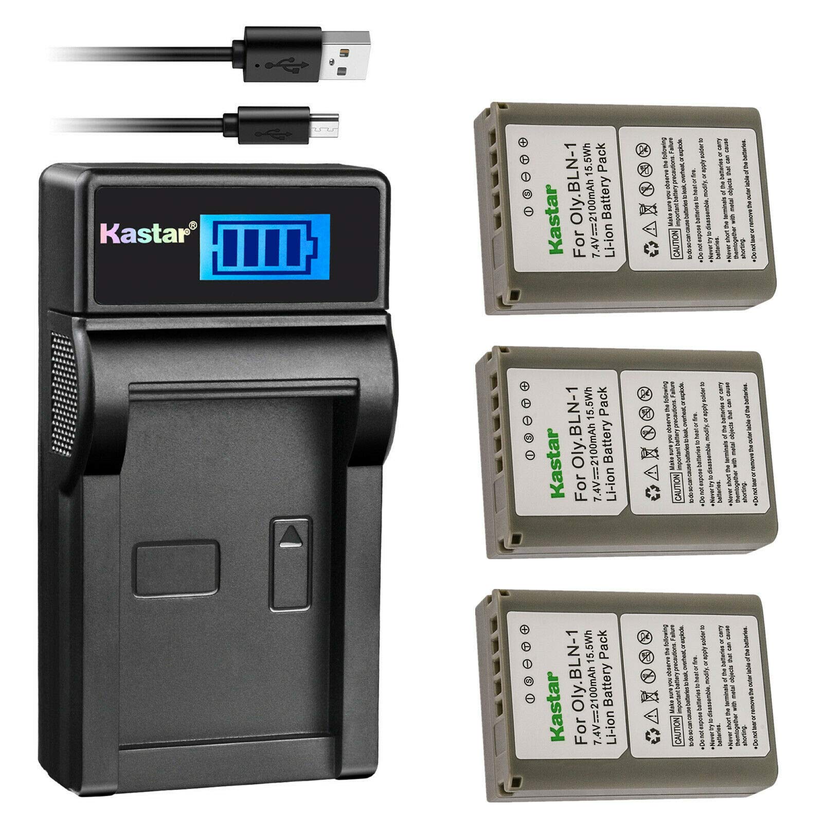Kastar 3-Pack Battery & LCD USB Charger for Olympus BLN-1, BCN-1, OM-D E-M1, E-M5, E-M5 Mark II, PEN E-P5, PEN-F Cameras (8.4V, 600mA)