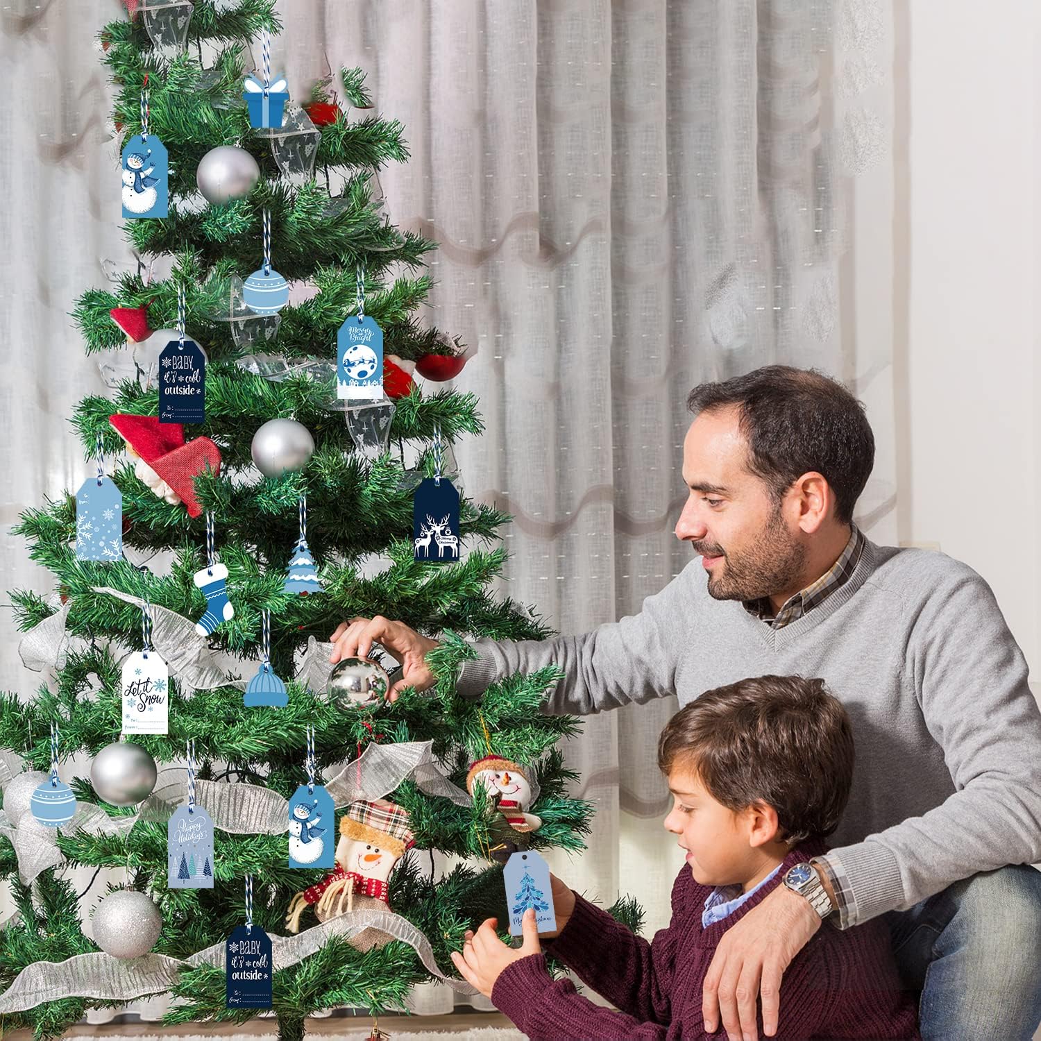 WATINC Christmas Hanging Tag Labels -137pcs Xmas Ornaments Envelope Present Paper Gift Tags Hang Decor, Winter Holiday Snowman Party Art Craft Decoration Supplies for Tree Fireplace Wall(White Blue) - Image 5