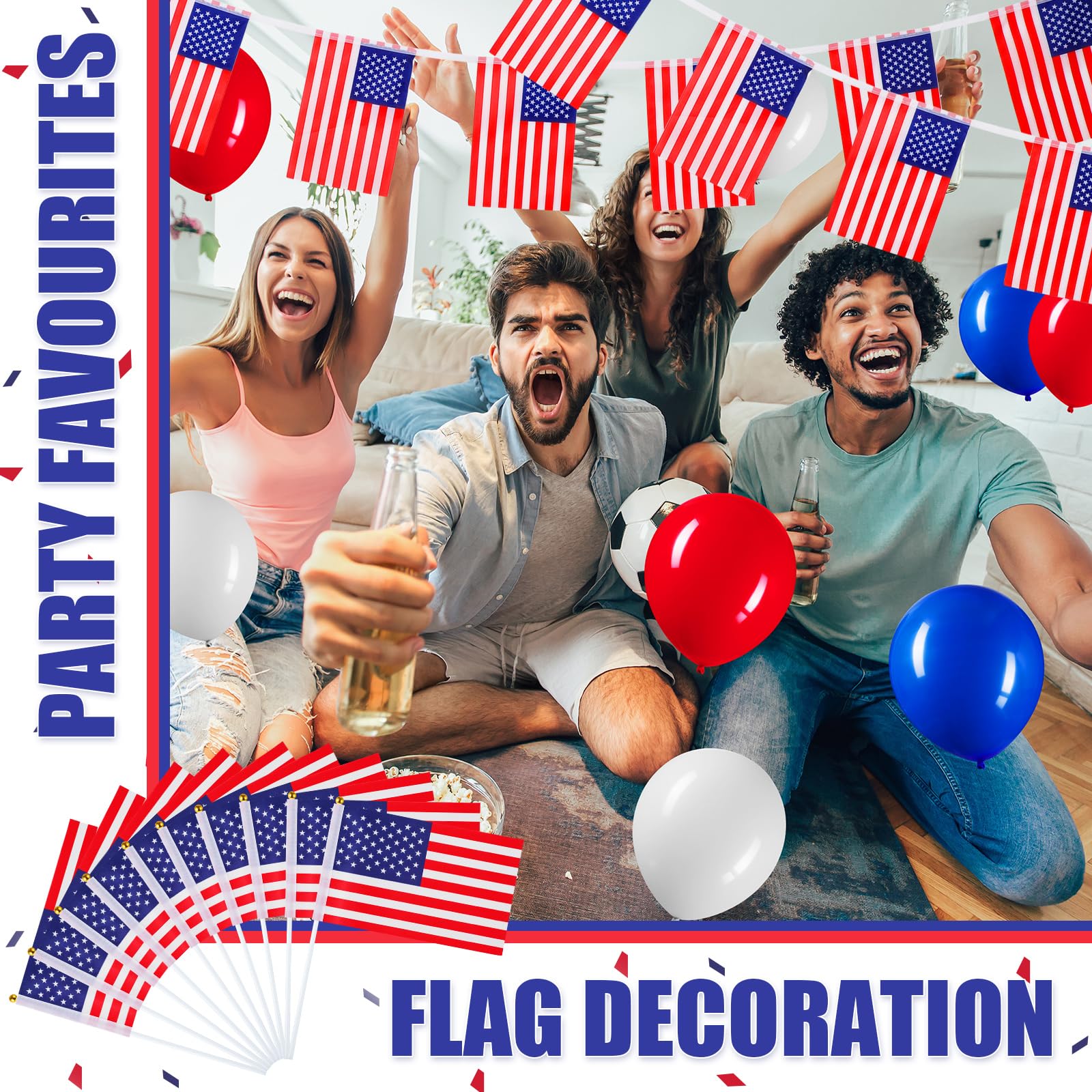 BBTO Set de Bandera Incluye Guirnalda de Banderitas, América | 10 Banderas Pequeñas de Mano, 30 Globos para Día Nacional, Fiesta de Despedida, , Partidos de Fútbol, Fiesta Patriótica