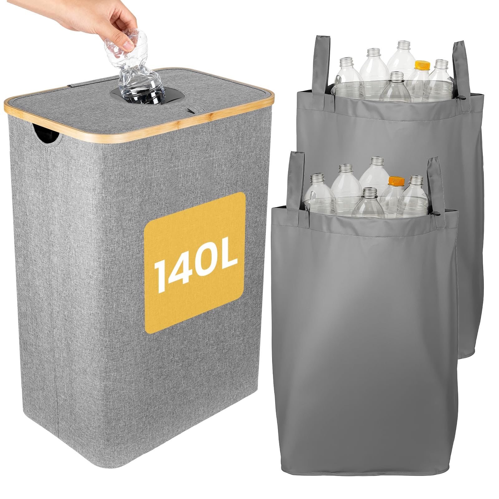 GREENSAPPIRE 140L Bottle Recycling Bin with Lid, Large Deposit Bottle Storage Box with Silicone Drop-In Hole, Double Removable Laundry Bags, Heavy-Duty Oxford Fabric Bottles Collector for Home