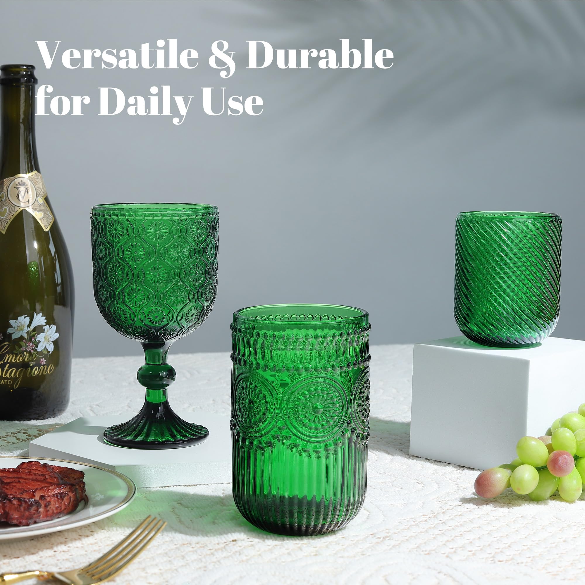 Joeyan 32cl Bicchieri da Acqua in Vetro Colorati, Set di 6 Verde Tumbler Basso con Quadretti Caramella Rilievo, Design Moderni, Idea Regalo Per Matrimoni, Feste e Casa Nuova, Lavabile in Lavastoviglie
