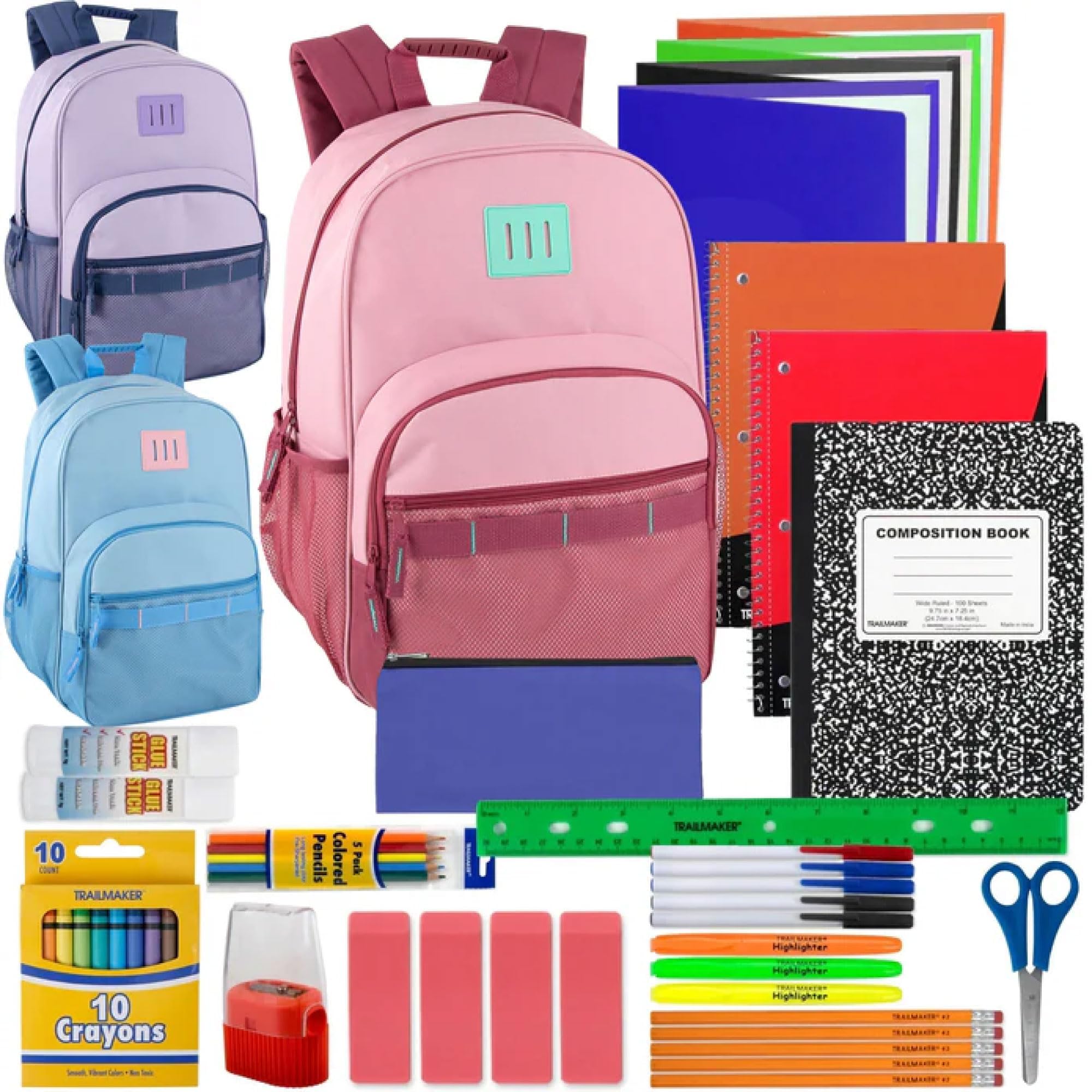 Trail maker 12 Pack Bulk Backpacks with Stationery Supplies, 45 Pc. Supply Filled Backpack Kits in Bulk