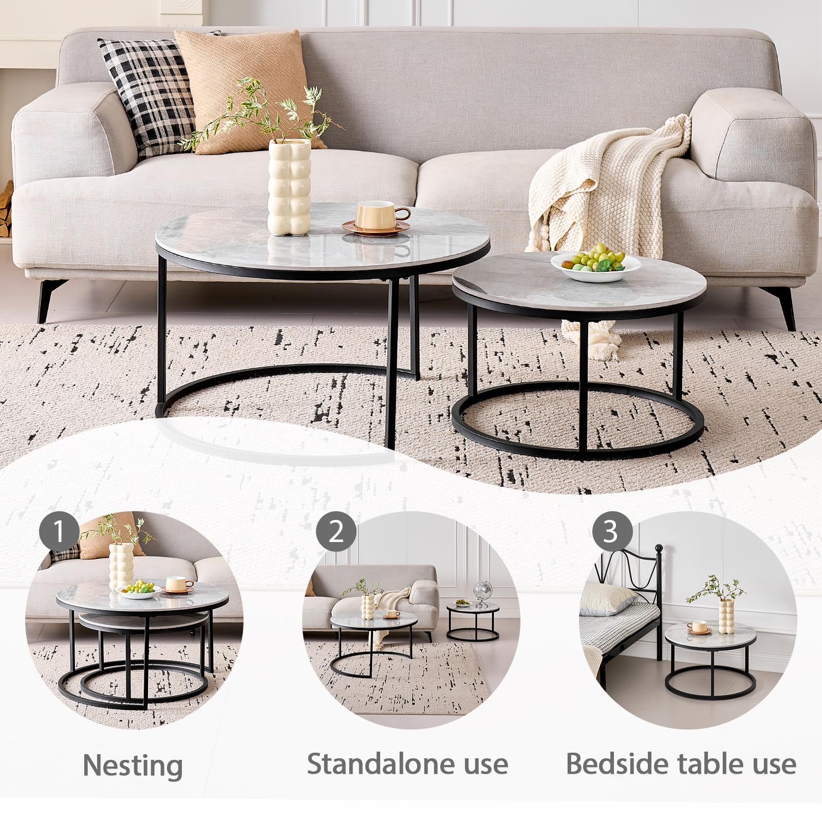 GrandCA HOME Conjunto de 2 Mesas de Centro Redondas, Modernas Mesas Nido para Salón, Estructura de Metal Negro, 50cm y 70cm, Fabricadas en Mármol Gris y Piedra Sinterizada