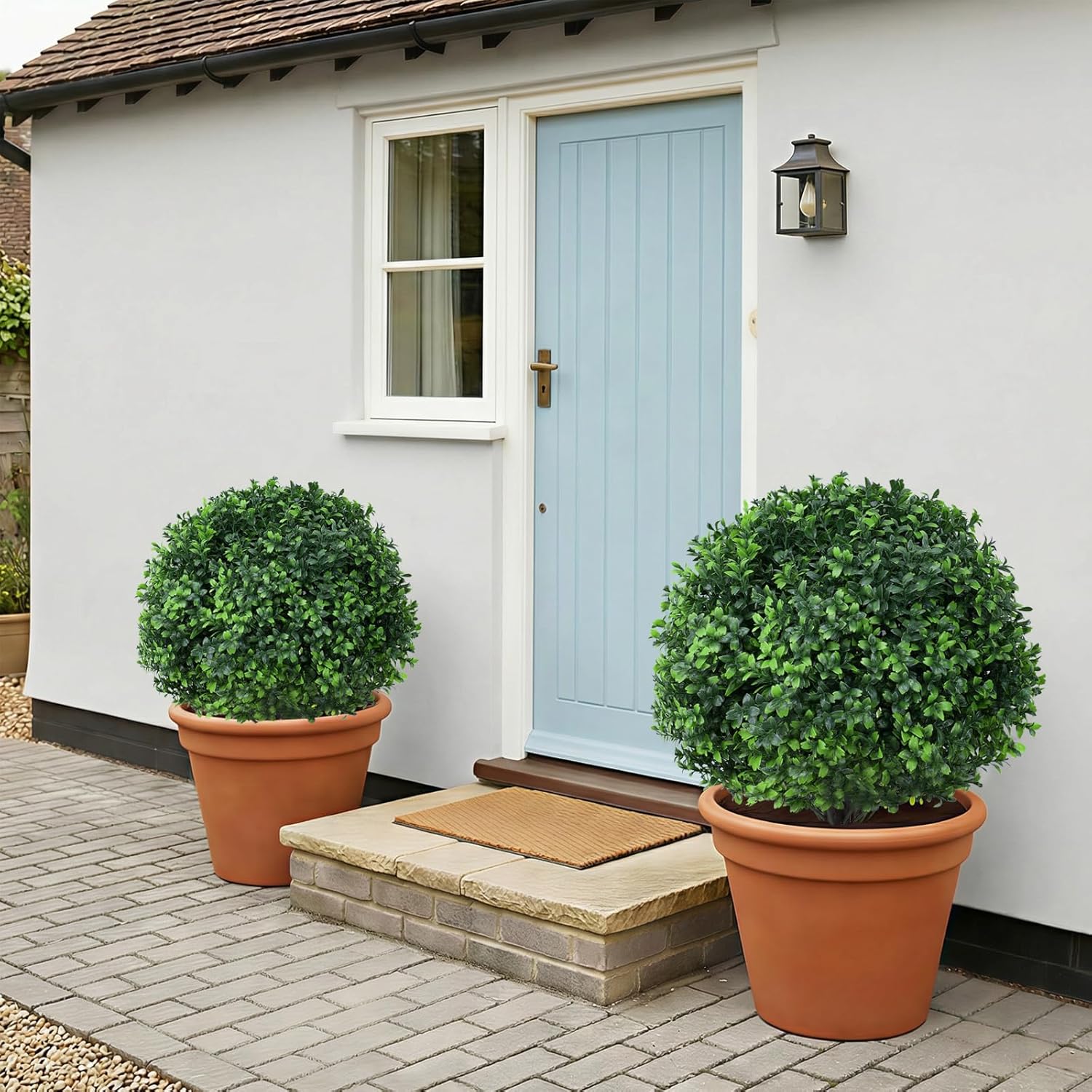 Dense Leafy Artificial Boxwood Topiary Ball Trees 24 Inch, Set of 2 Fake Plants Outdoor with Ground Spike, UV Resistant Faux Boxwood Bushes for Garden Patio Front Porch Decor