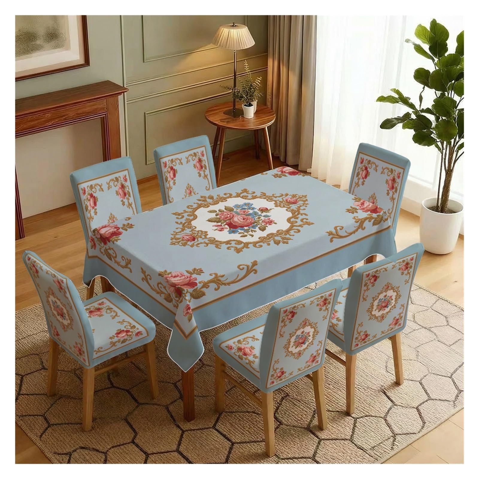 KXUAUV Vintage Floral Dining Chair Covers With Tablecloth Set, 5/7 Piece Elegant Chair Slipcovers For Classic French Dining And Home Decor Party Decor(7pcs Set: Tablecloth+Chair Covers)