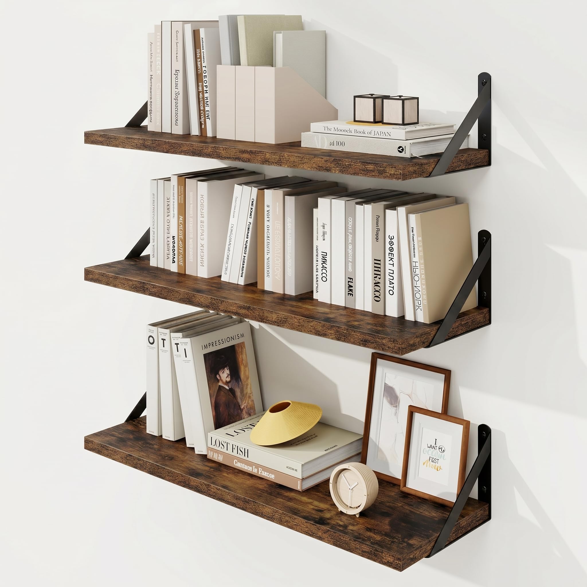 KovaScape Floating Shelves, Deep Rustic Book Shelf for Wall, 60x20 cm Wall Shelves Set of 3, Heavy Duty Metal Brackets, Wood Display Shelf for Living Room, Kitchen, Bathroom, Study, Brown