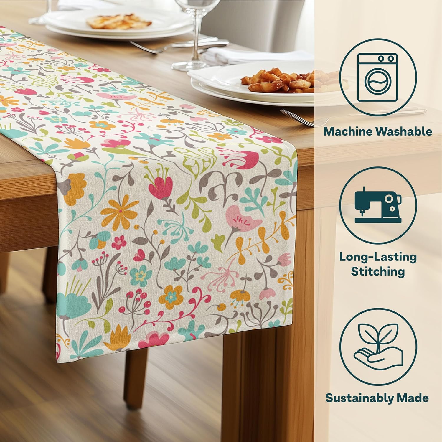 Spring Table Runners | Made in America Table Linens | Stain & Wrinkle Resistant | Seasonal Summer Spring Decorations for Home | Floral Collection - Blooming Springs - 14 x 90 Inches Long