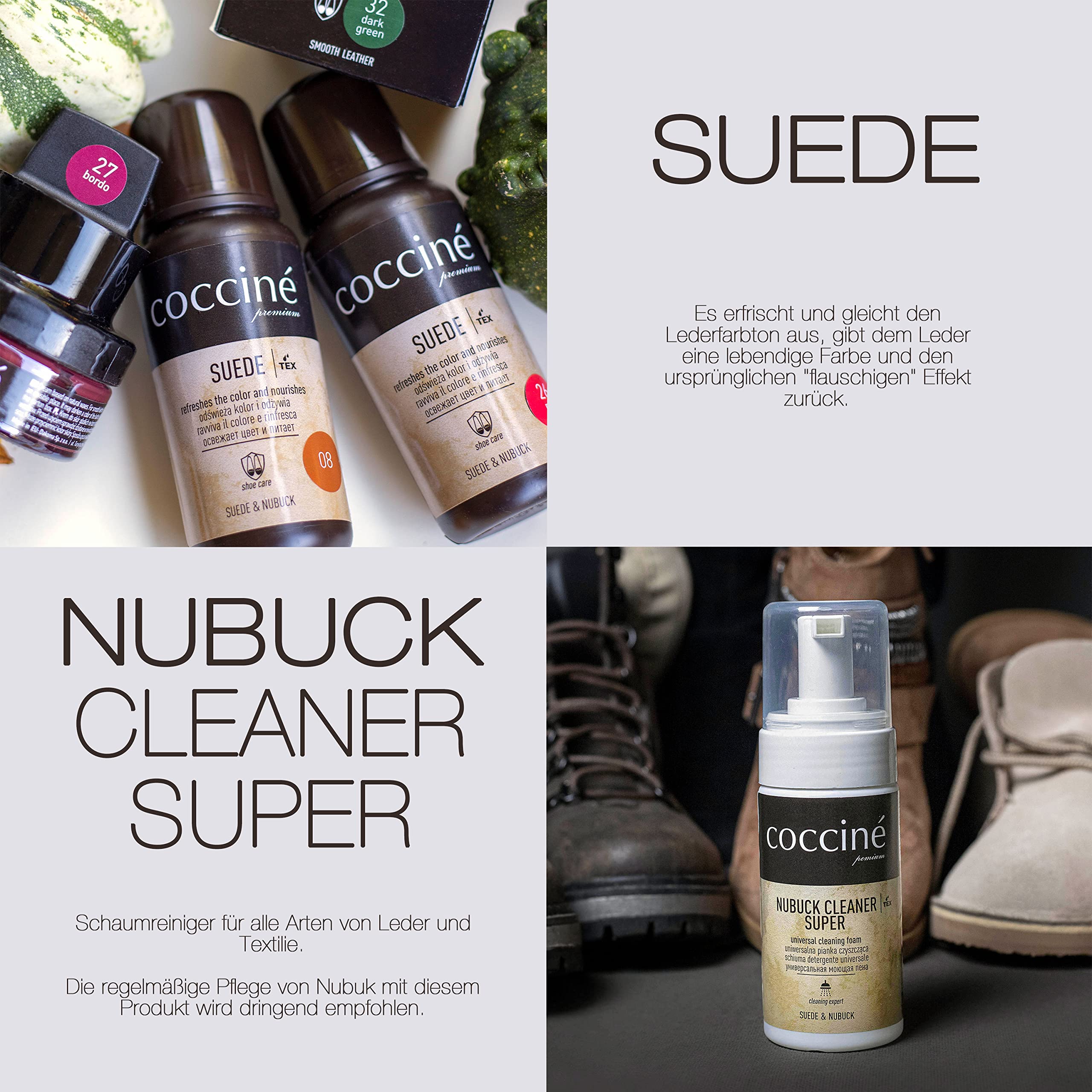 Cocciné - Kit d'entretien 4 en 1, Kit Nettoyage, Nettoyant Chaussure, pour Chaussures en Daim, Nubuck et Membranes TEX, Utilisation Confortable, Mini éponge de Nettoyage