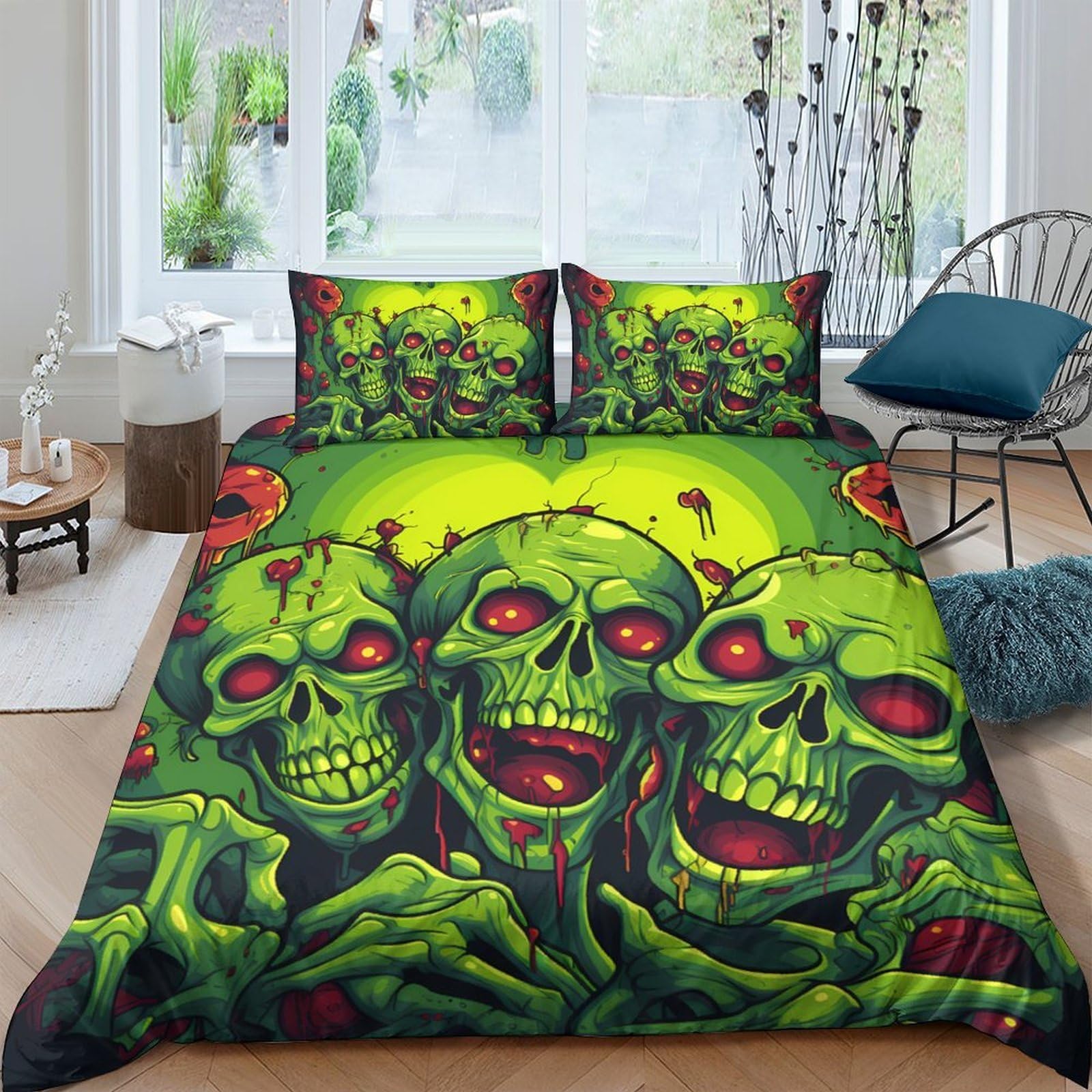 Ctjqhvkz Style-3 3D Printed Green Zombie Skull Fitted Sheet Microfiber Soft Breathable Horror Bed Cover For Bedroom Dorm Decor Single（135X200cm）