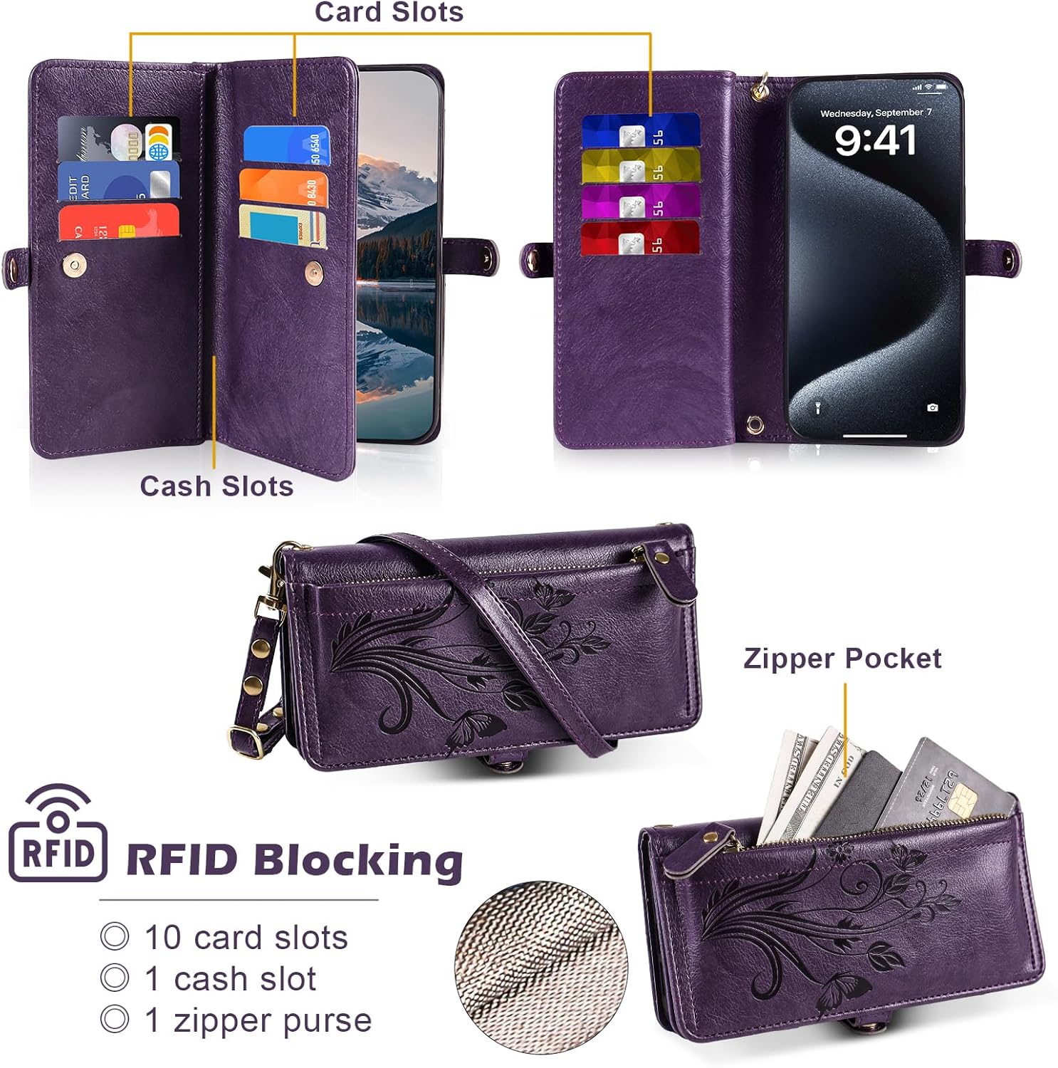 Lacass for iPhone 17 Pro Max Case Wallet,[Cards Theft Scan Protection] Card Holder Zipper Leather Flip Cover Crossbody Wrist Strap with Stand (Floral Dark Purple) - Image 2