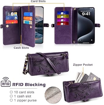 Crossbody Wallet Case for Galaxy S24 Ultra,[Cards Theft Scan Protection] Card Holder Zipper Flip Leather Cover Wrist Strap Stand for Samsung Galaxy S24 Ultra(Floral Dark Purple)