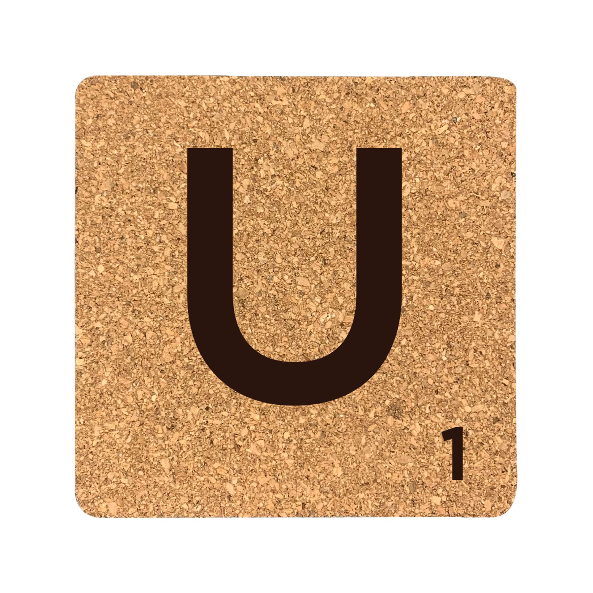 eBuyGB Scrabble Drinks Coasters, Square Cork Coaster, Individual Alphabet Letters, Scrabble Tiles with Score Marks - Personalise Your Own Scrabble Words (U)