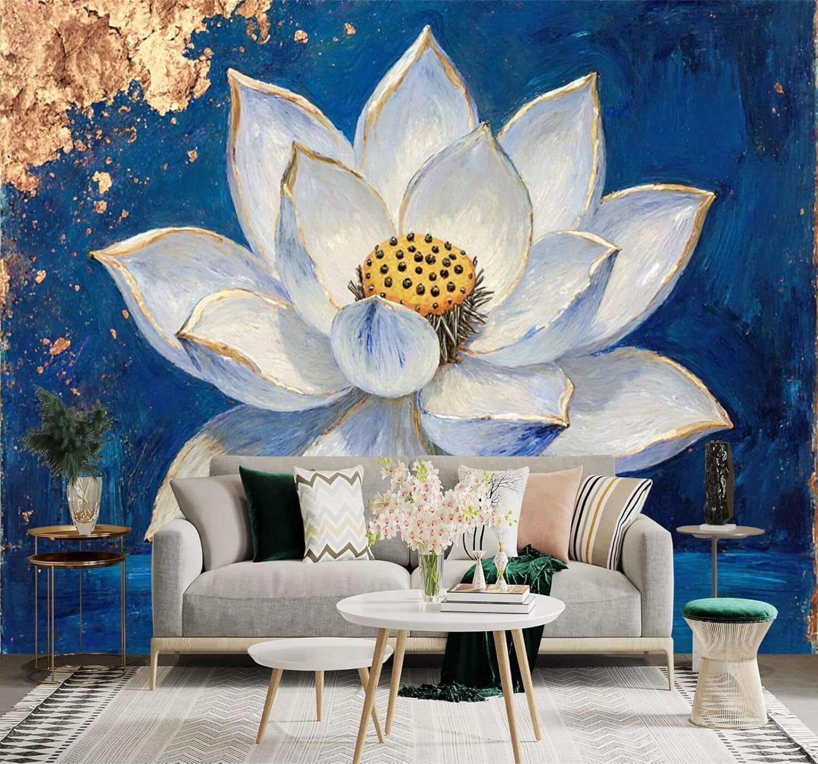 Xlming 200Cm×140Cm(B×H) Hand Painted Three Dimensional White Lotus Abstract Blue And Gold 3D Wallpaper Silky Texture Home Study Office Grey Dining Room Sofa Bedroom Living Room Tv Backdrop-200Cm×140Cm