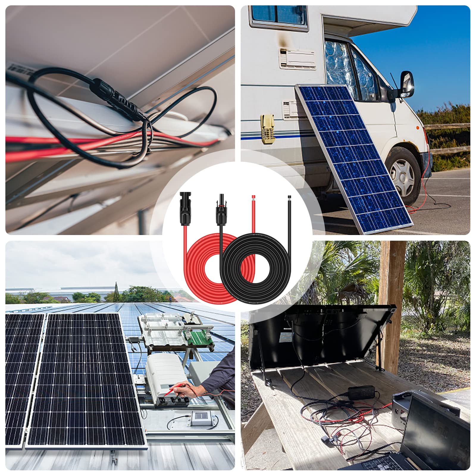 iGreely Cable de extensión de panel solar de 6 mm²/10 AWG con conector de panel solar hembra y macho, adaptador de cable de panel solar impermeable de 6 m (20 pies rojo + 20 pies negro)