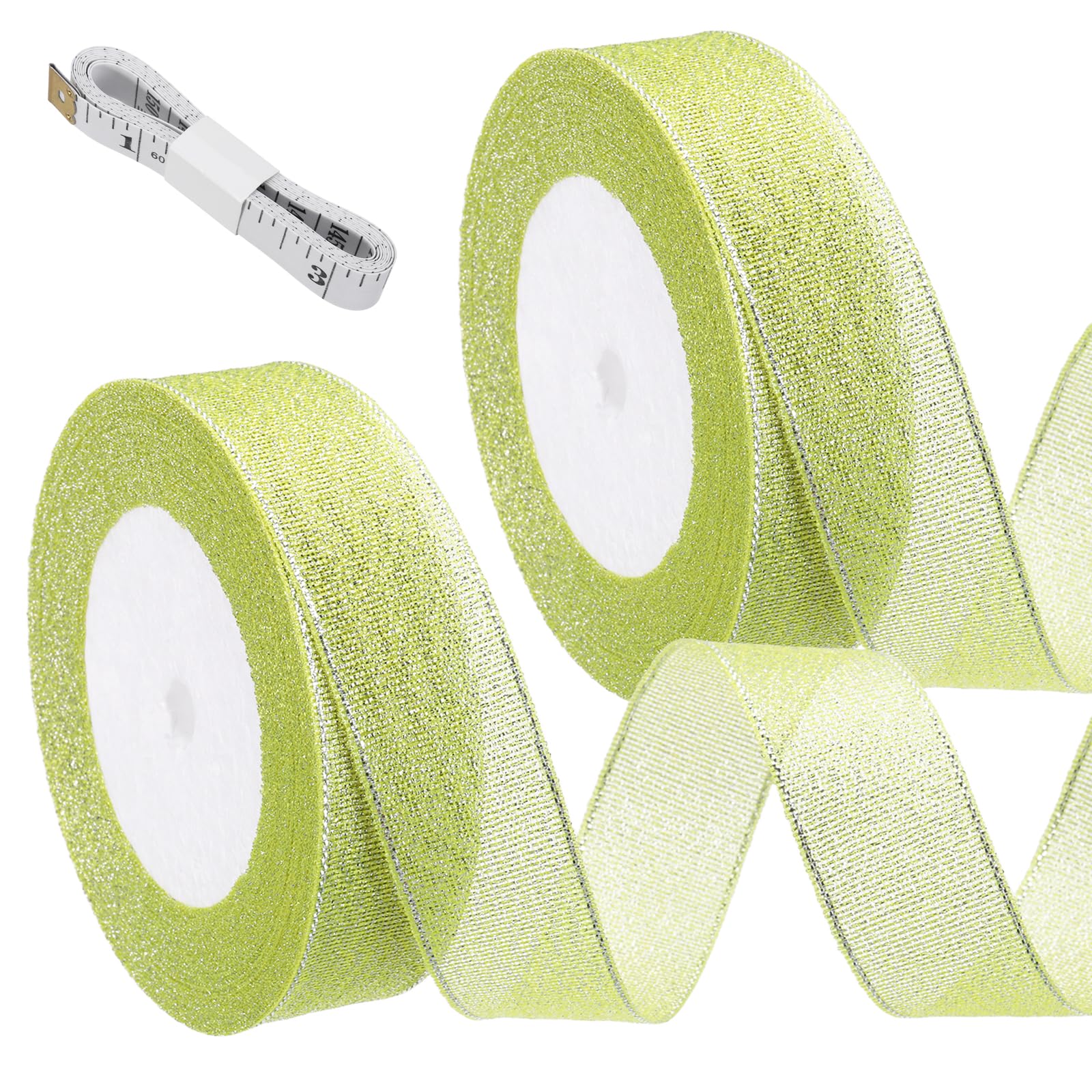 sourcing map 2 Roll Light Yellow Glitter Ribbon (22 Meters, 2.5cm Wide) with Silver Thread Sparkly Metallic Fabric Ribbon - Sparkly Practical, for Gift Wrapping Balloons Craft DIY Decor Holiday