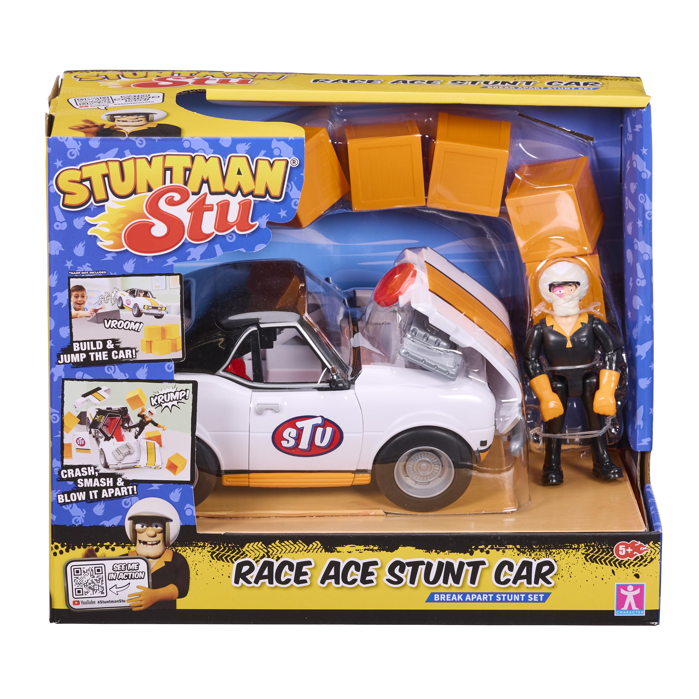 Stuntman Stu Race Ace Stunt Car Break apart stunt set with ejectable parts and knock over crates toys Stunt toys
