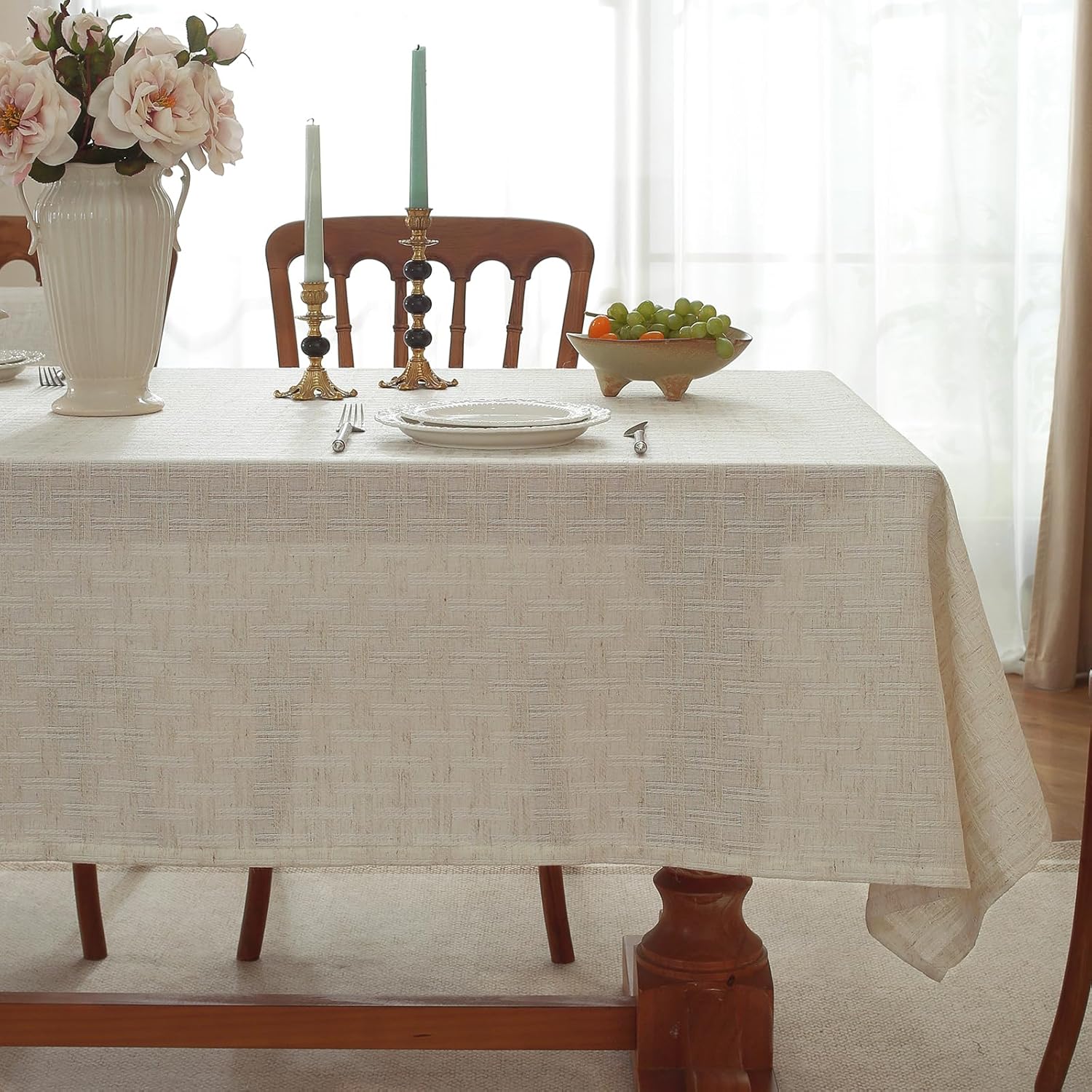 Natural Linen Cottton Tablecloth ,Rectangle Rustic Elegant Tablecloth, Textured Jacquard Neutral Fabric, Washable Table Cover for for Dining Table Farmhouse Kitchen Party (Grid-Weave, 84" x 60")