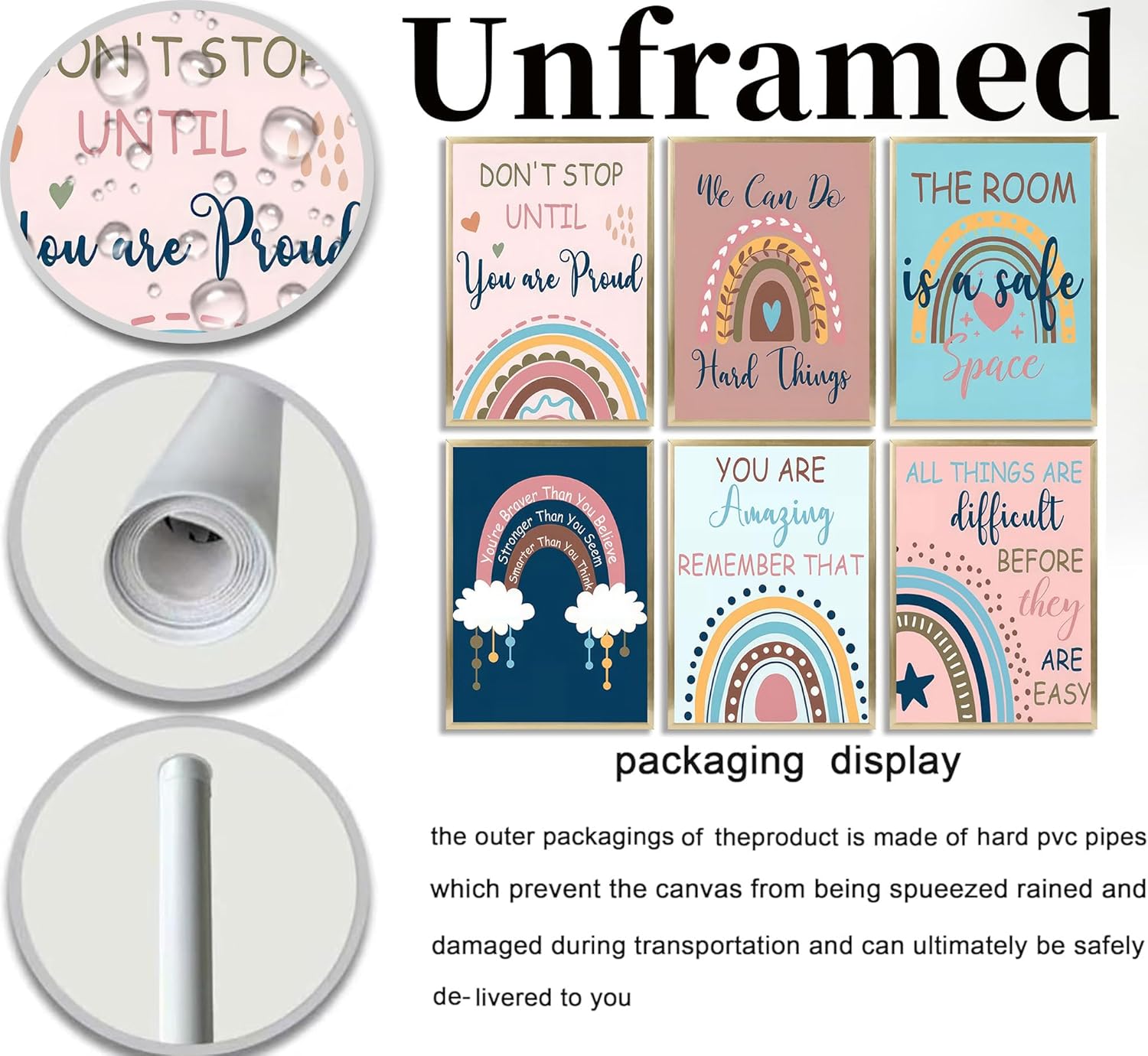 6Pcs color Boho Rainbow Canvas Wall Art Girls motivational Self-affirmation Posters Prints Kids Room Rainbow Classroom Wall Decor Pictures for Classroom Nursery Living room bedroom home decoration