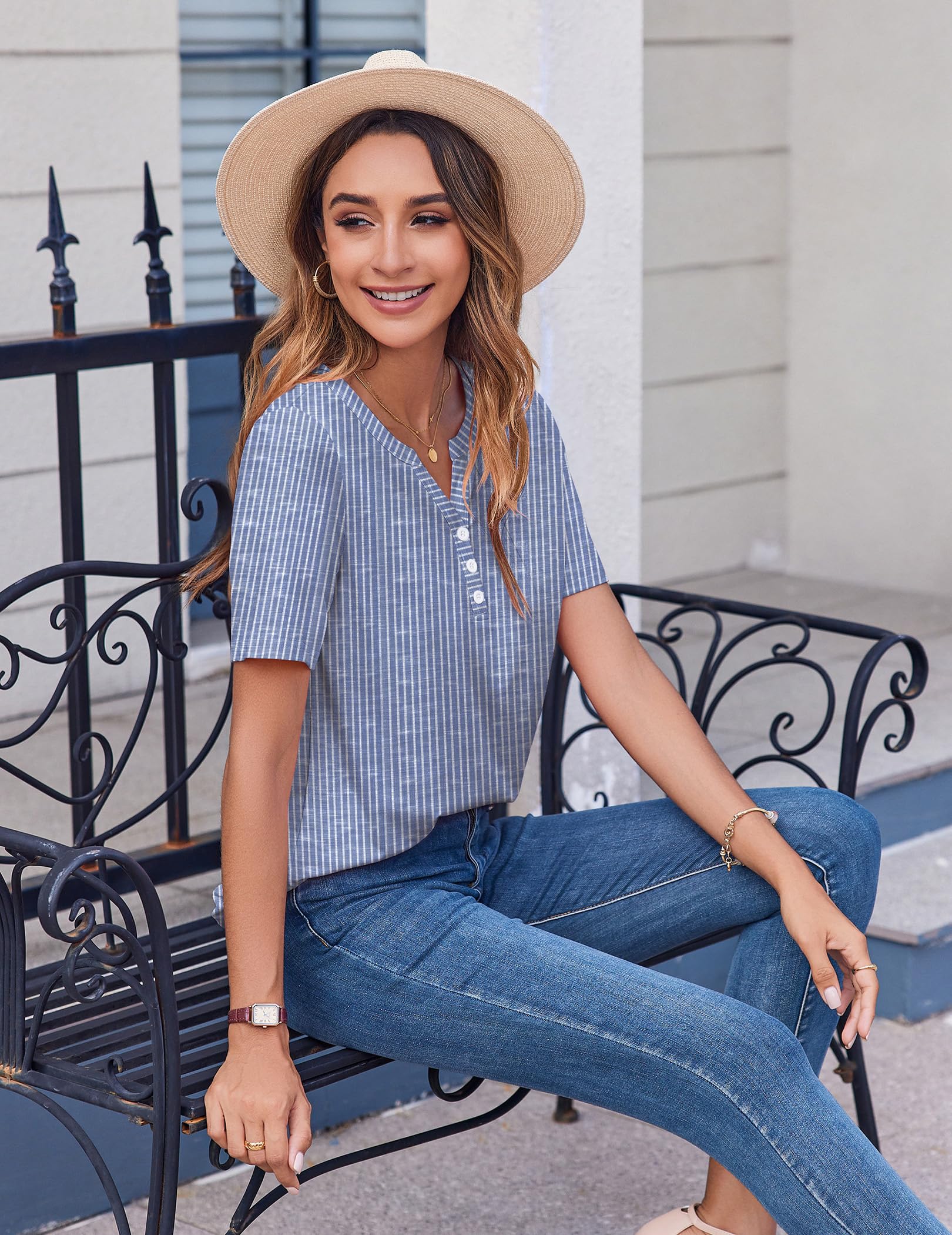 Zeagoo Camisetas Manga Corta Mujer Verano con Cuello V Blusas Moda Casual Túnica Camisa Elegante Basicas T-Shirt Ligero Elástica Tops S-XXL