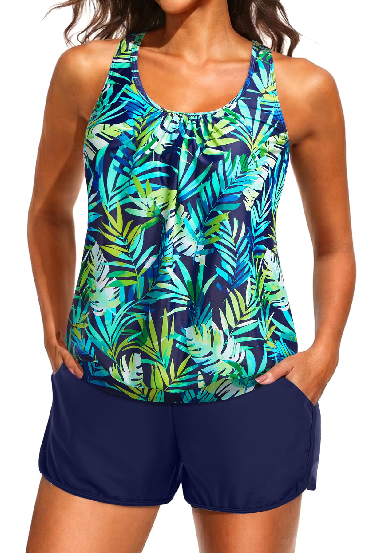Women Two Piece Swimsuits Loose Tankini Top with Boy Shorts Bathing Suit