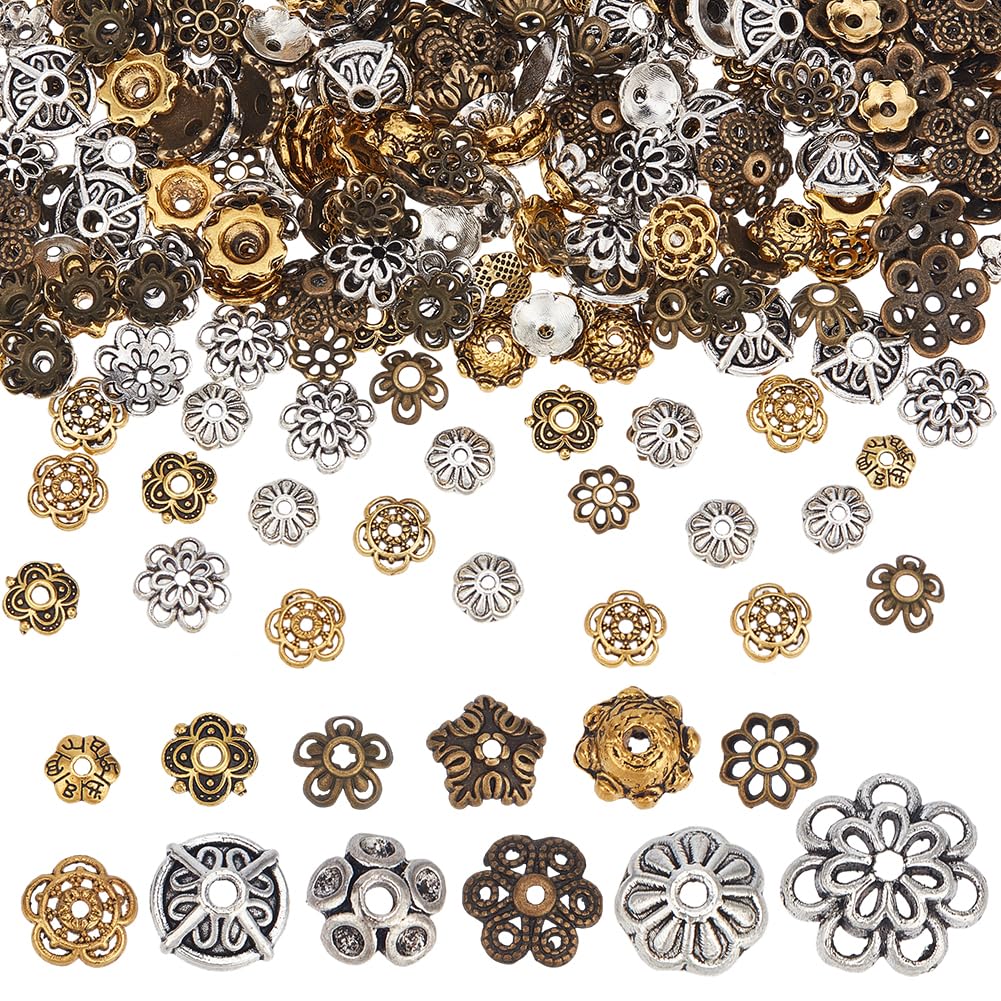 SUNNYCLUE 1 Box 360pcs 12 Styles Metal Bead Caps Flower Bead Spacers Assorted Small Mini Textured Vintage Alloy Floral Spacers End Charms Caps for Jewellery Making Findings Adults Women Crafts