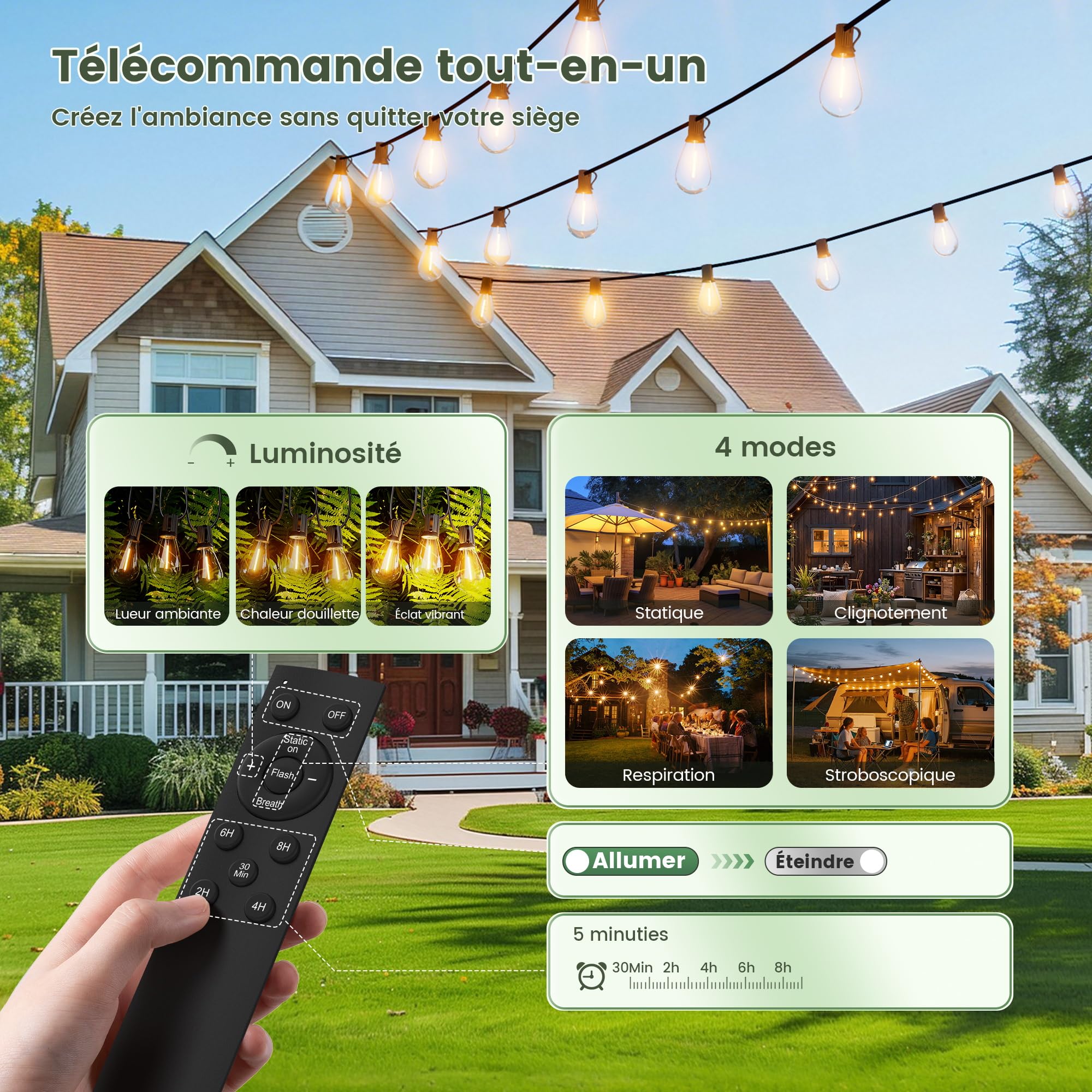 OHLUX Guirlande lumineuse solaire d'extérieur de 45,7 m avec télécommande, 62 ampoules LED S11 à intensité variable, étanchéité IP65, incassable, 2200 K, lampe suspendue E12 pour terrasse