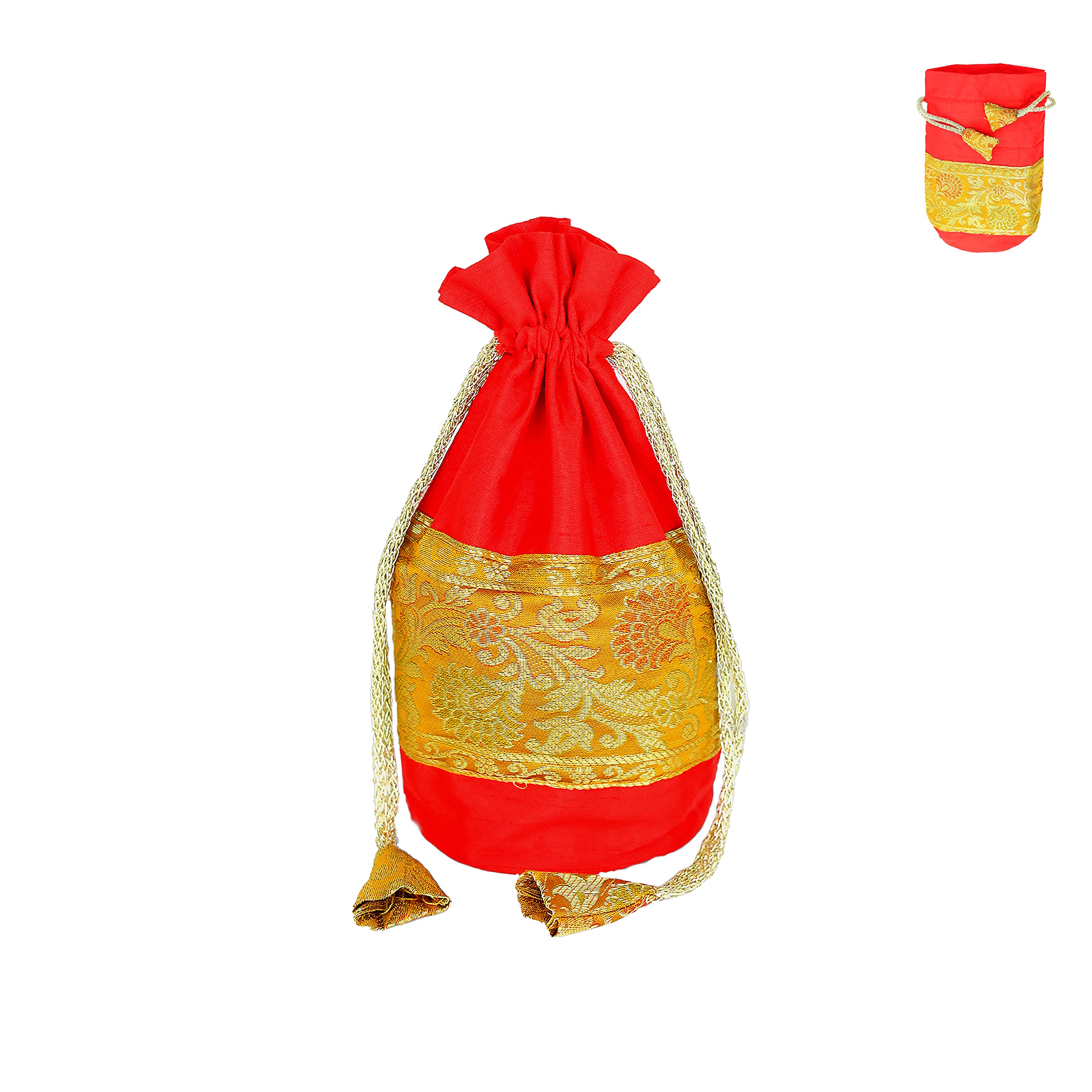 E - Ezra Women's Drawstring Silk Potli Bag Wristlets for Stone Jewellery (Red)