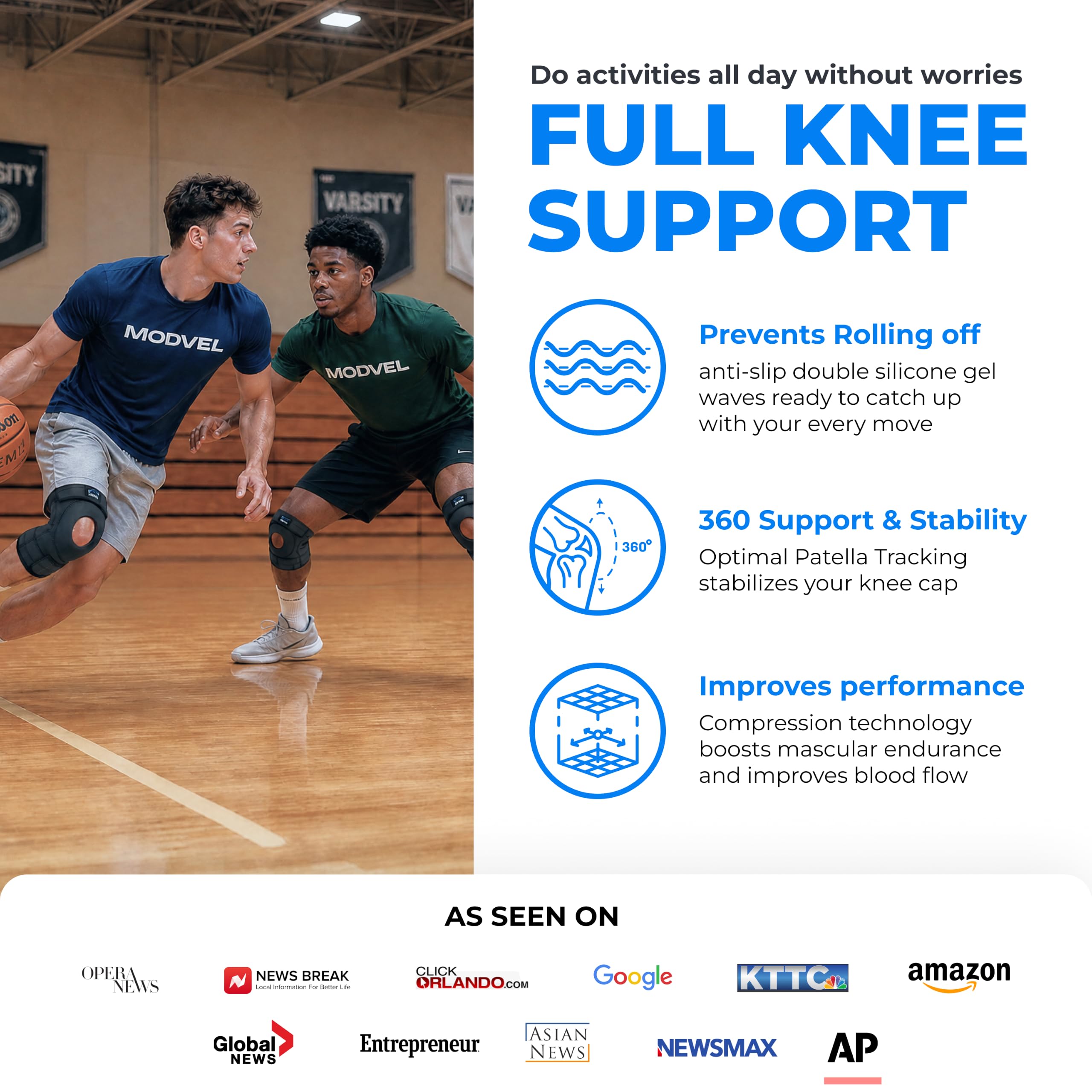 Modvel Meniskus-Kniebandage, FDA-zugelassen, unterstützt und lindert PCL, ACL, LCL, MCL, Arthritis, Sehnenentzündungsschmerzen, doppelte Patella-Stabilisatoren, L/XL (44 - 52 cm), 1 Packung