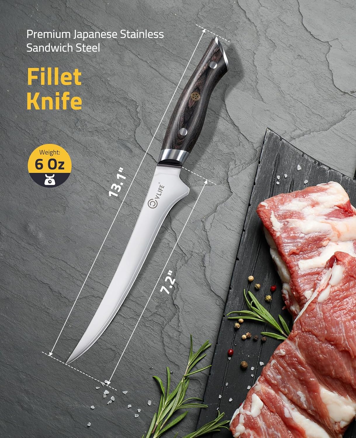 CVLIFE Fillet Knife with Leather Sheath, 7.2" Razor Sharp 10Cr15Mov Steel Blade, Ergonomic Pakkawood Handle for Fish, Meat & Poultry Filleting, Ideal for Fishing Boning, Kitchen & Daily Use