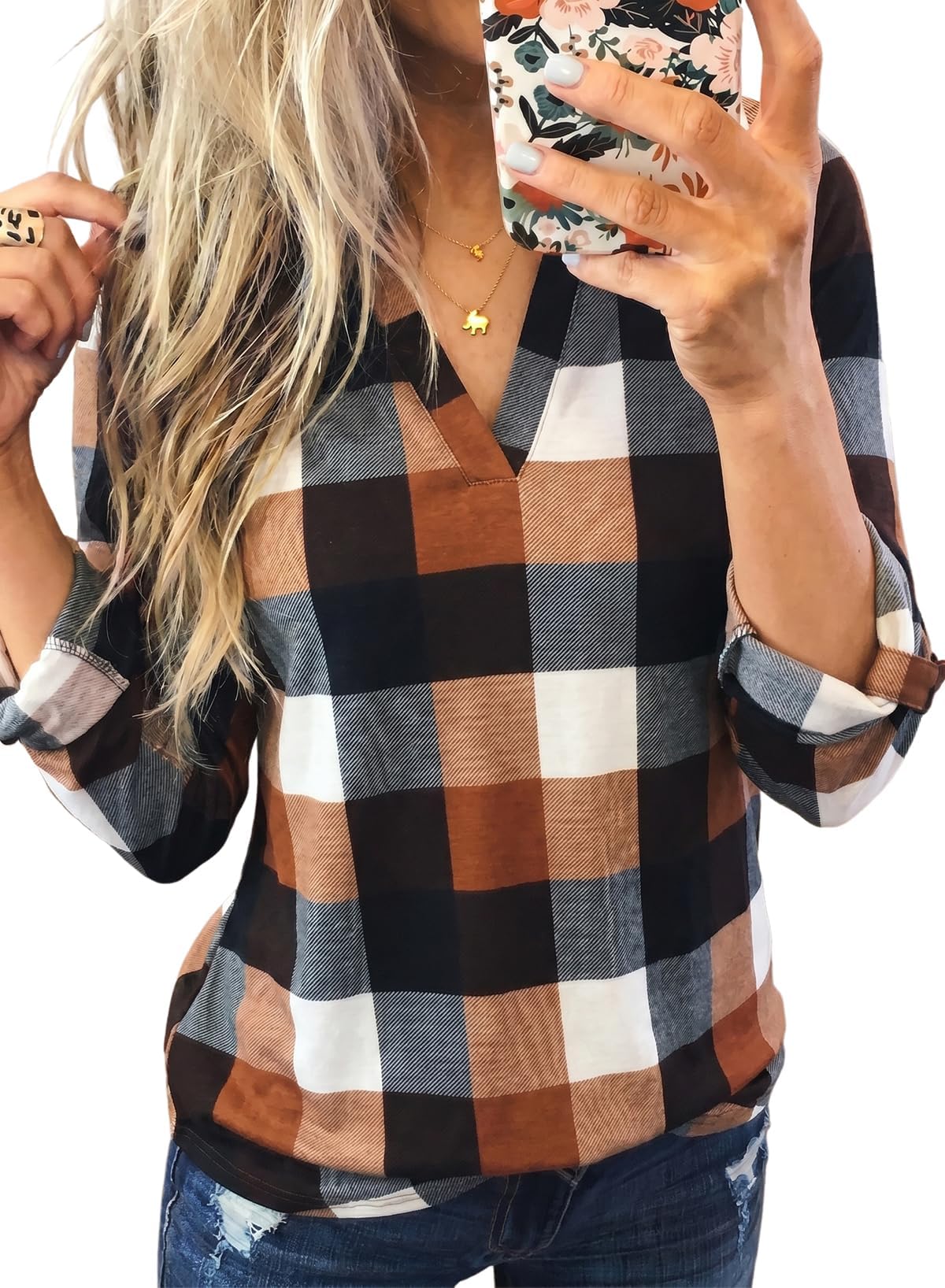 Womens Tops Plaid Cotton Cuffed 3/4 Sleeve Shirts Blouses