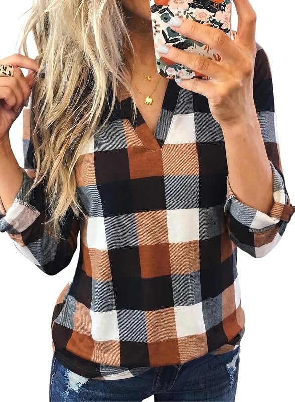 Dokotoo Womens Tops Plaid Cotton Cuffed 3/4 Sleeve Shirts Blouses