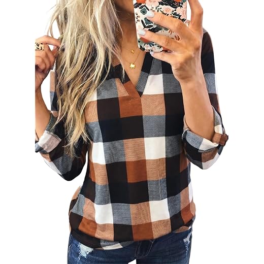 Dokotoo Womens Tops Plaid Cotton Cuffed 3/4 Sleeve Shirts Blouses
