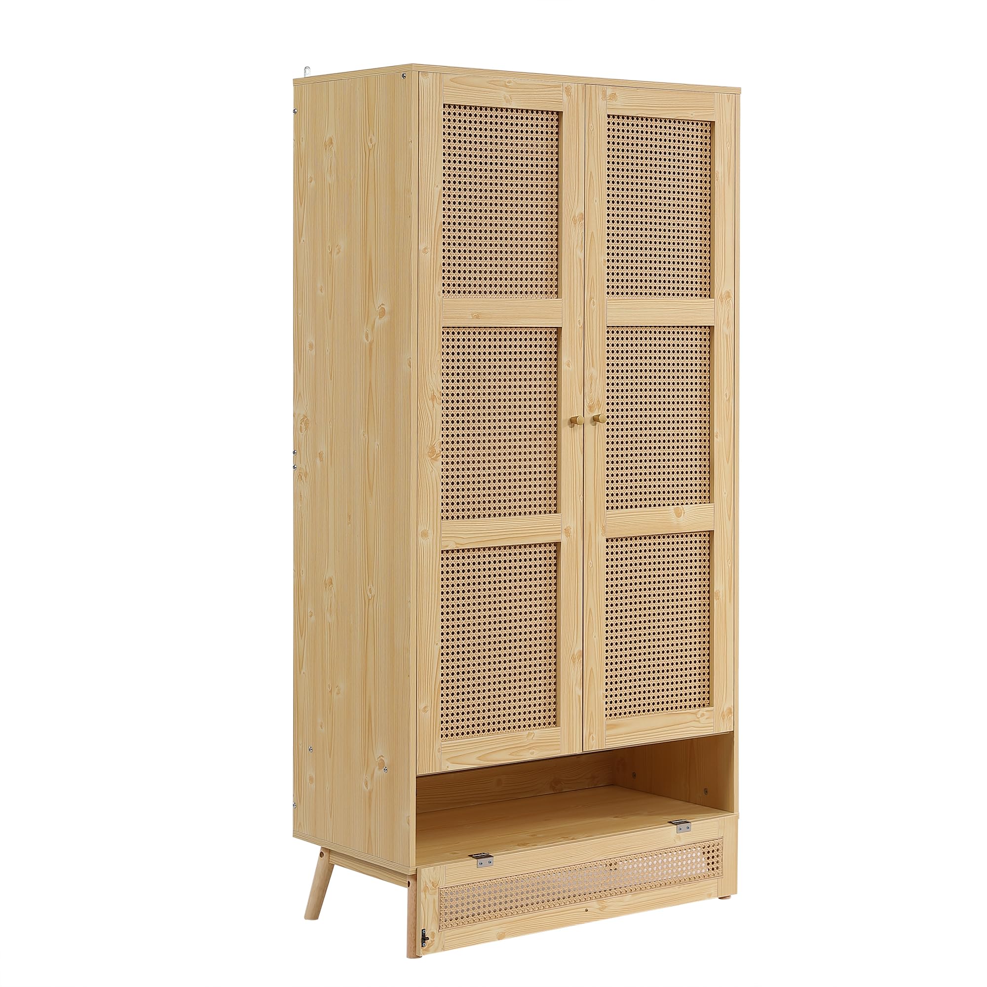 Armadio con asta, armadio a 2 ante, camera da letto, rete in rattan, soggiorno, con coperchio inferiore a ribalta, truciolato+rattan PE, naturale