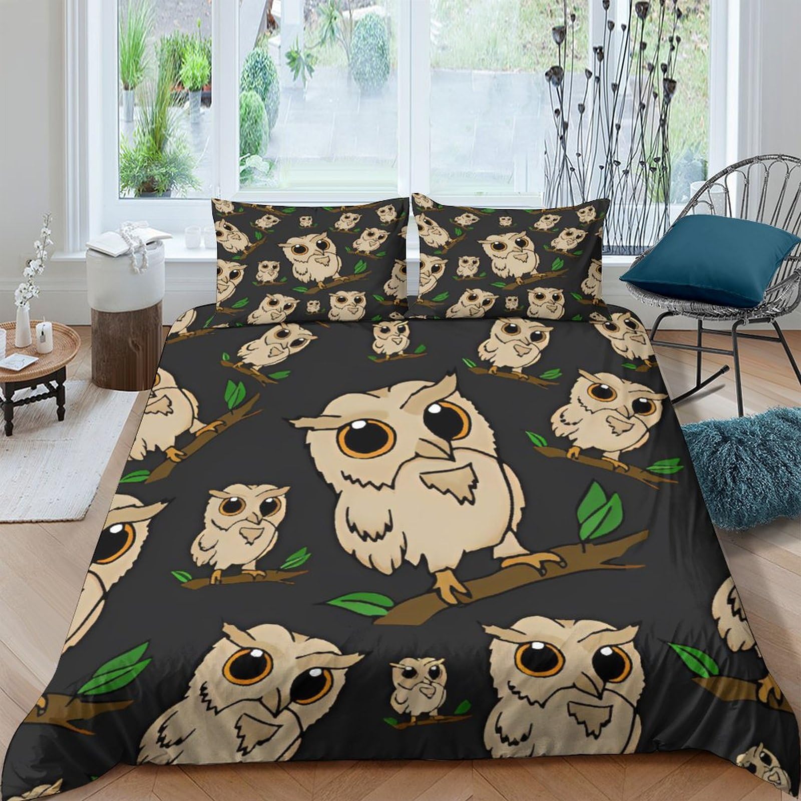 Housse de couette chouette 3D en microfibre King 220x240 cm avec taies d'oreiller pour lit adulte