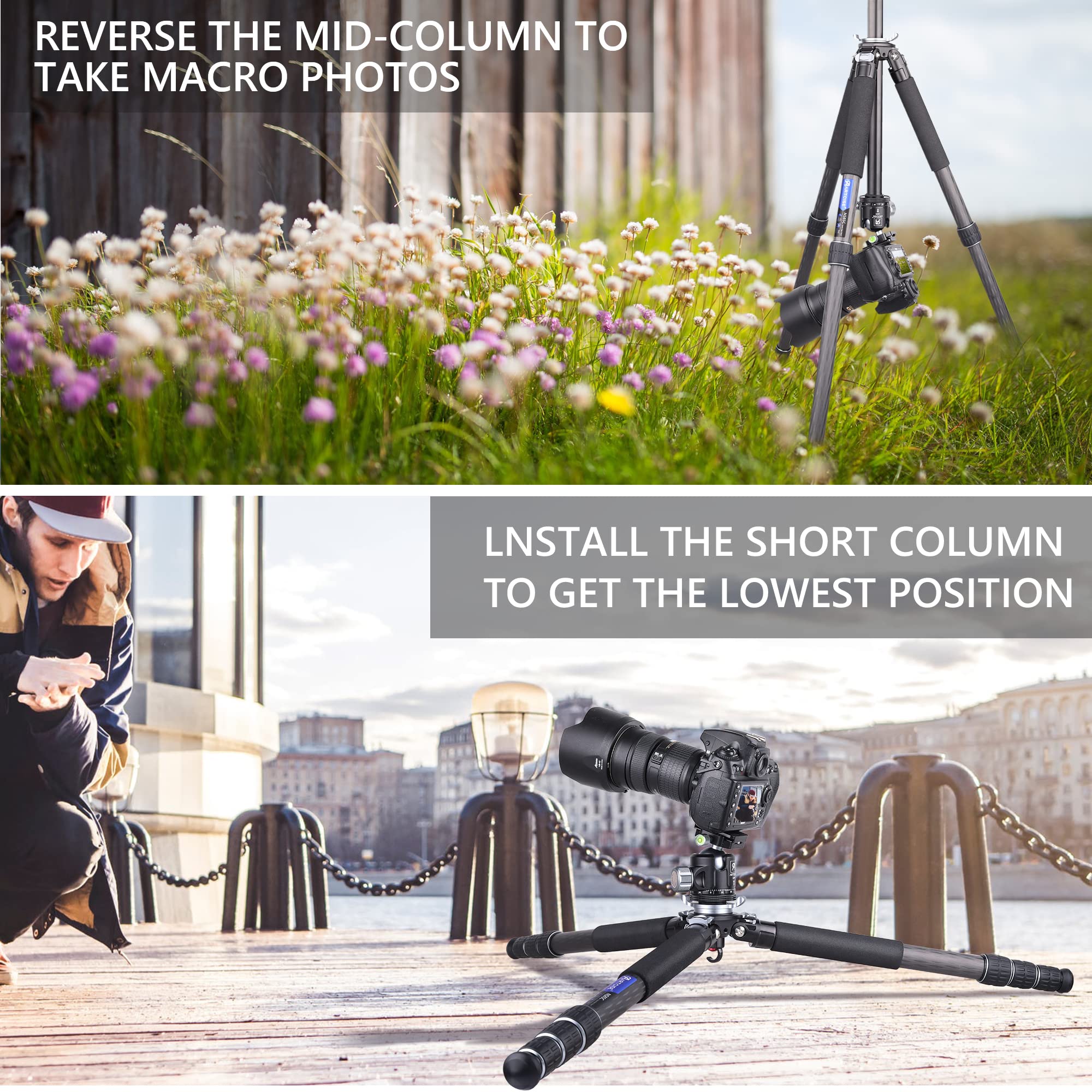 Ultralekki statyw z włókna węglowego, 172 cm / 1,6 kg ARTCISE lekki statyw podróżny z głośnikiem kulowym 36 mm i dwoma szybkimi płytami 1/4" do kamery DSLR, kamery wideo, maksymalne obciążenie 20 kg